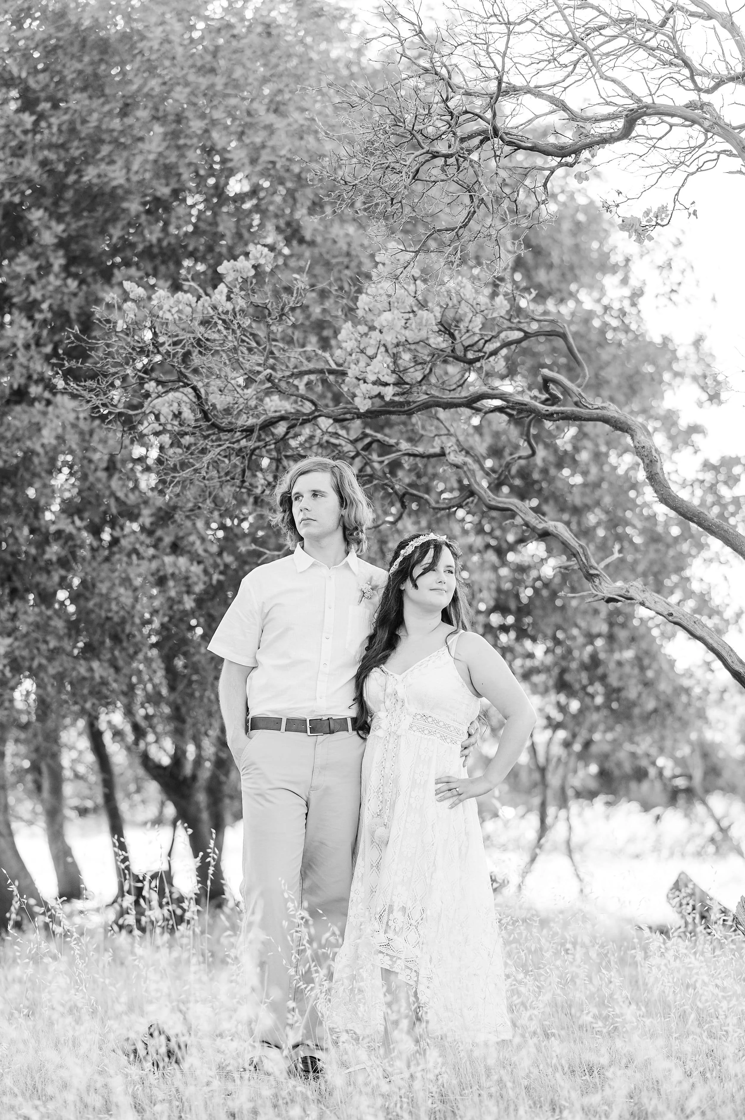 black and white model shot with man looking right and woman looking left