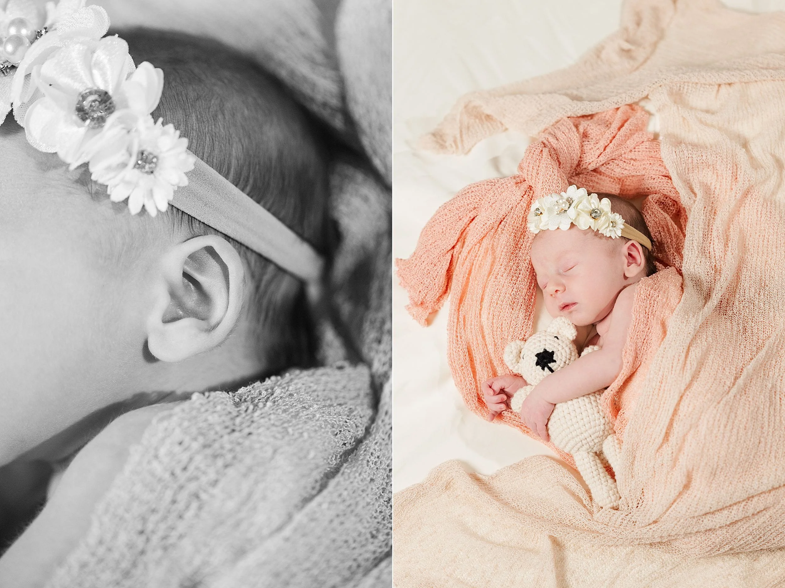 A sleeping newborn with a floral headband is wrapped in a peach blanket, cuddling a small teddy bear. The scene conveys warmth and tranquility.