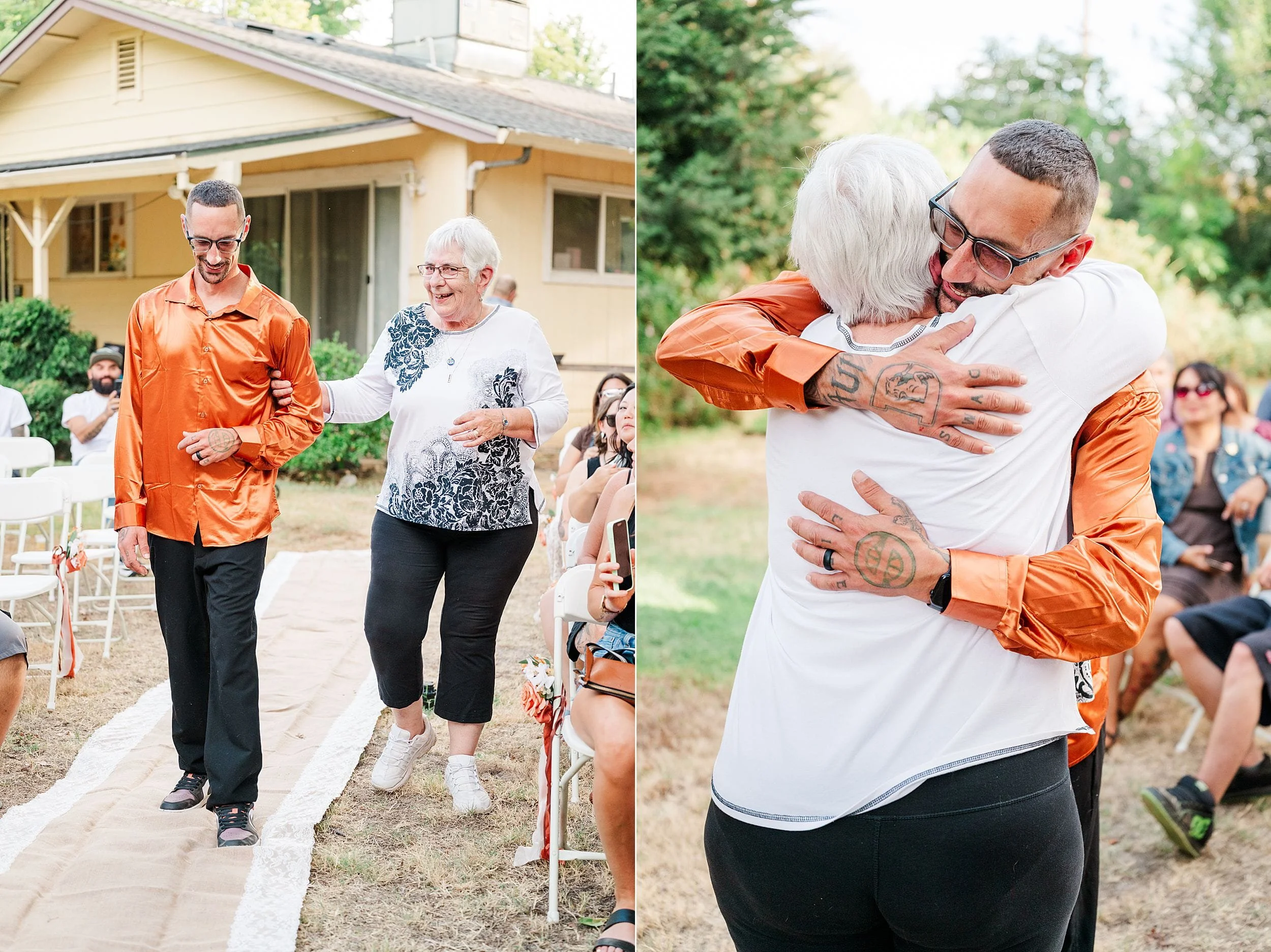 Outdoor celebration collage: a man in an orange shirt walks with an older woman, then embraces her warmly as guests watch near a house.