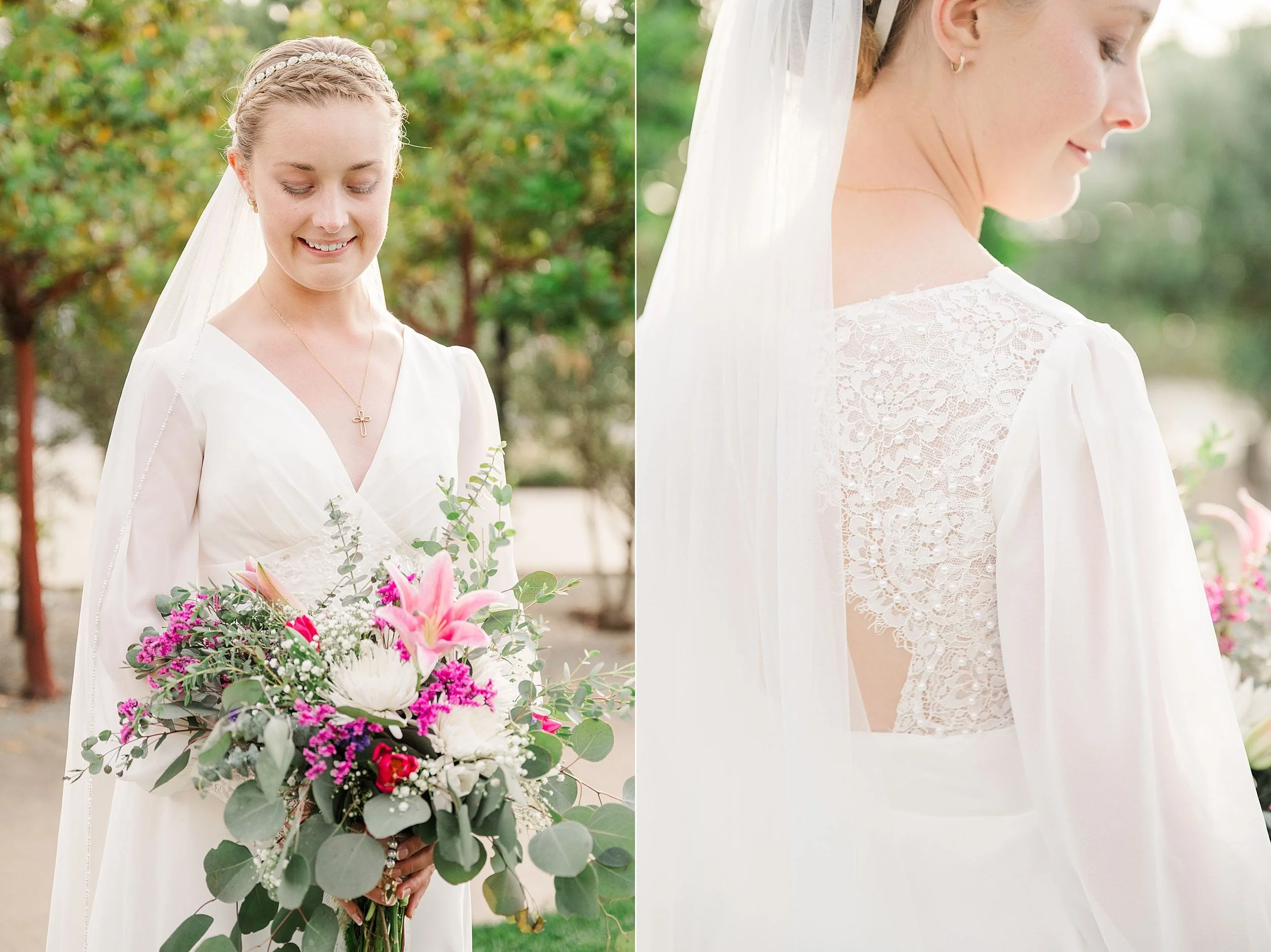 Bride in a white dress holds a vibrant bouquet with pink lilies and greenery, smiling softly. Veil and lace details create an elegant, serene tone.