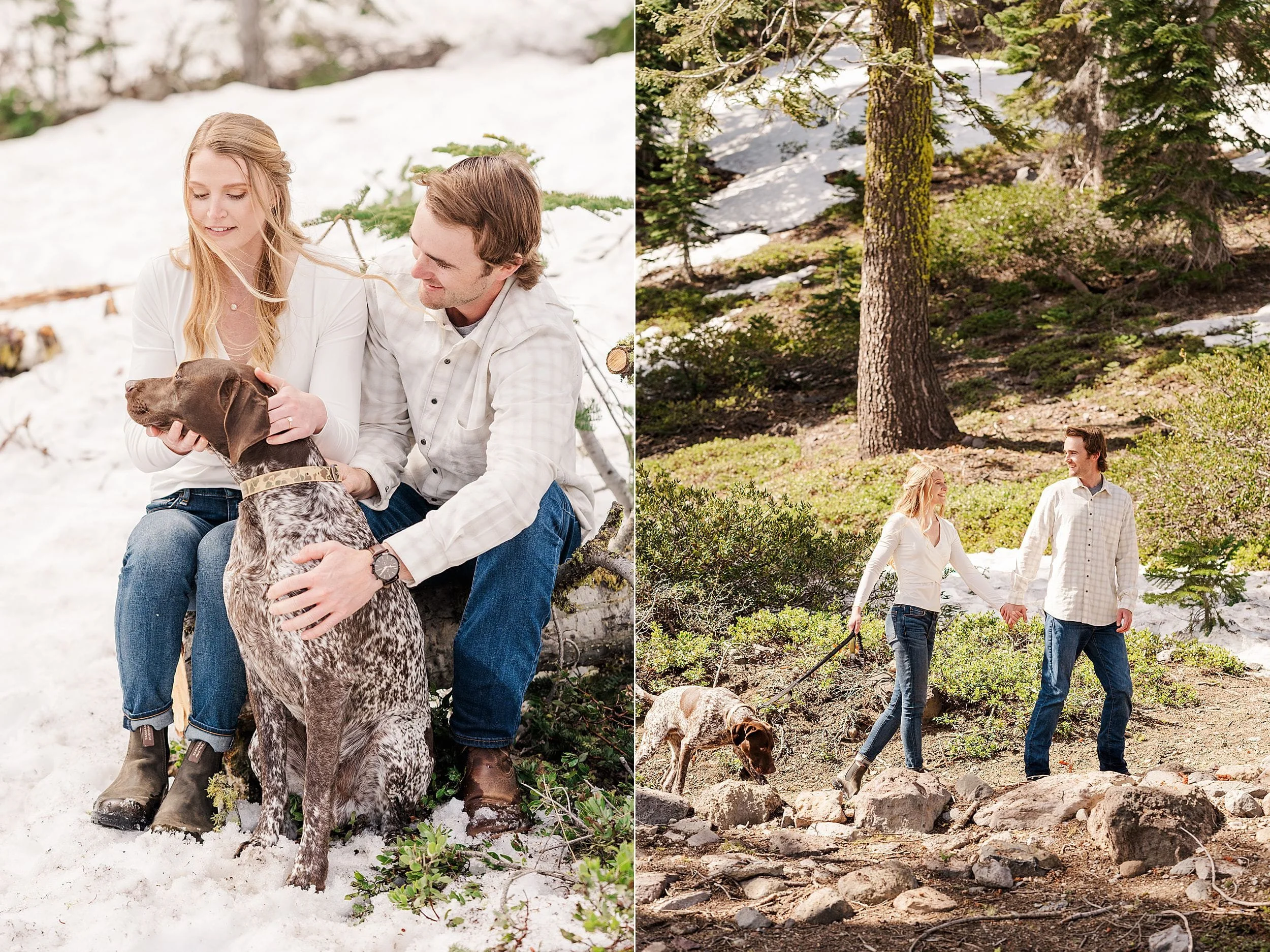 A couple enjoys a snowy forest with their dog. Left: Both sit on a log petting the dog, smiling. Right: They walk holding hands, dog beside them.