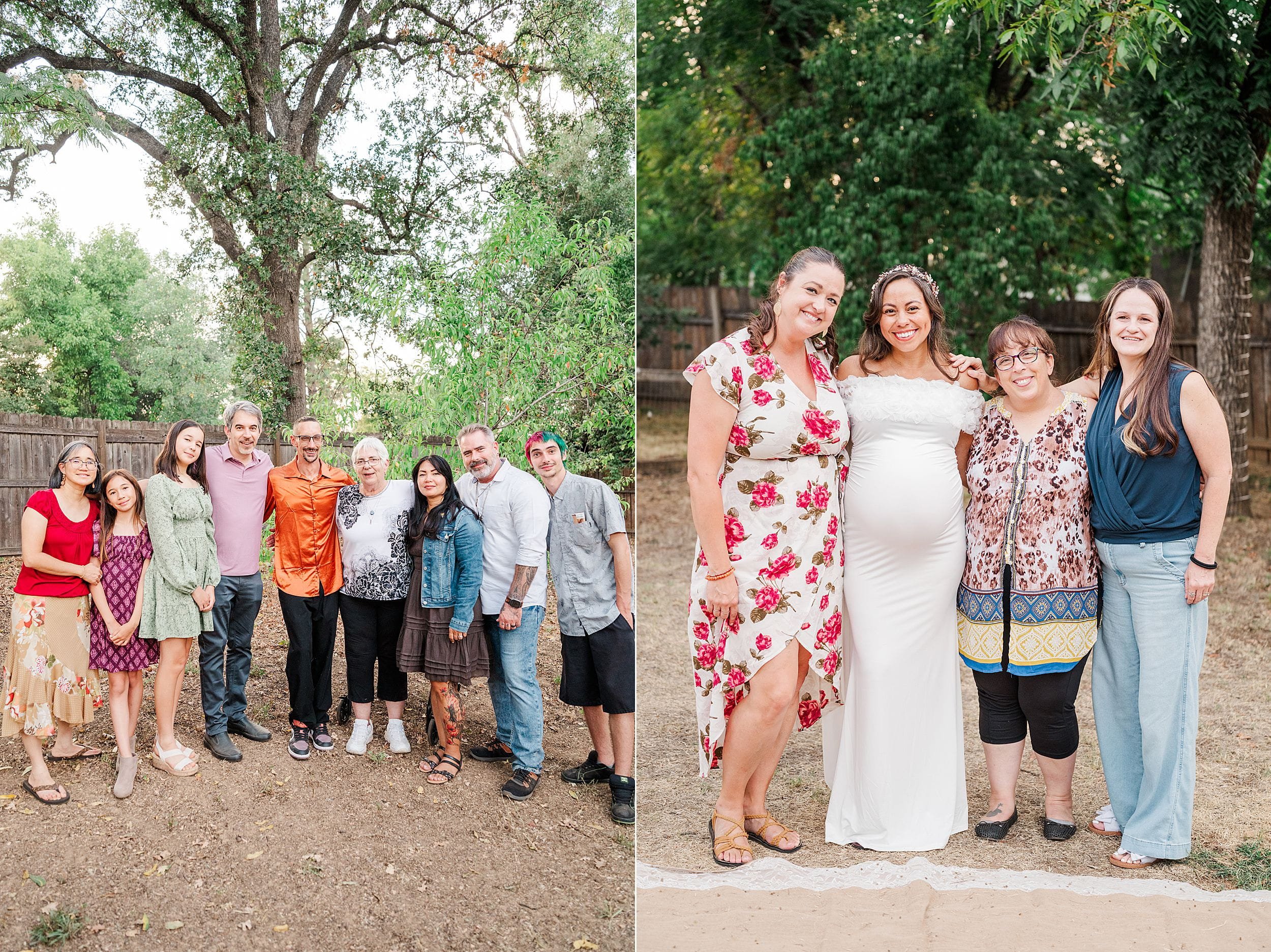 Split outdoor collage of smiling friends beneath trees: a larger group on the left and four women, including a pregnant woman, on the right.