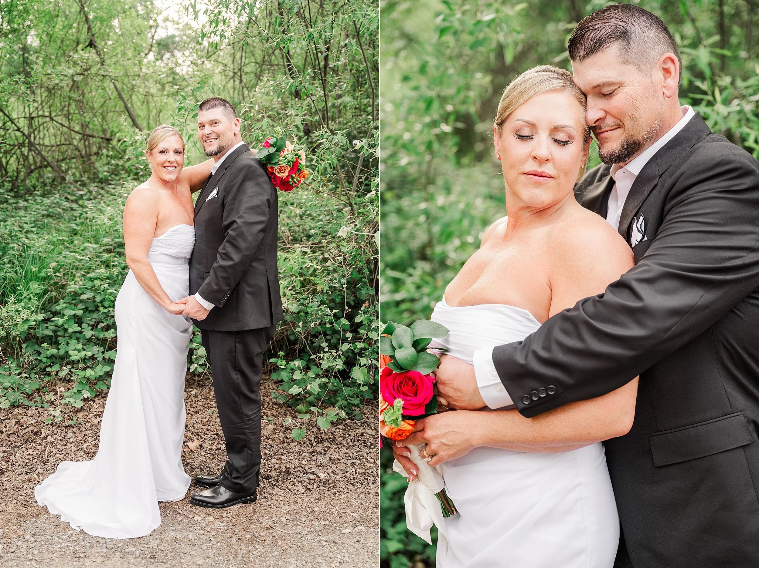 A bride in a white dress and groom in a black suit embrace in a lush, green forest setting. They appear joyful and content, holding a hot pink and red bouquet.