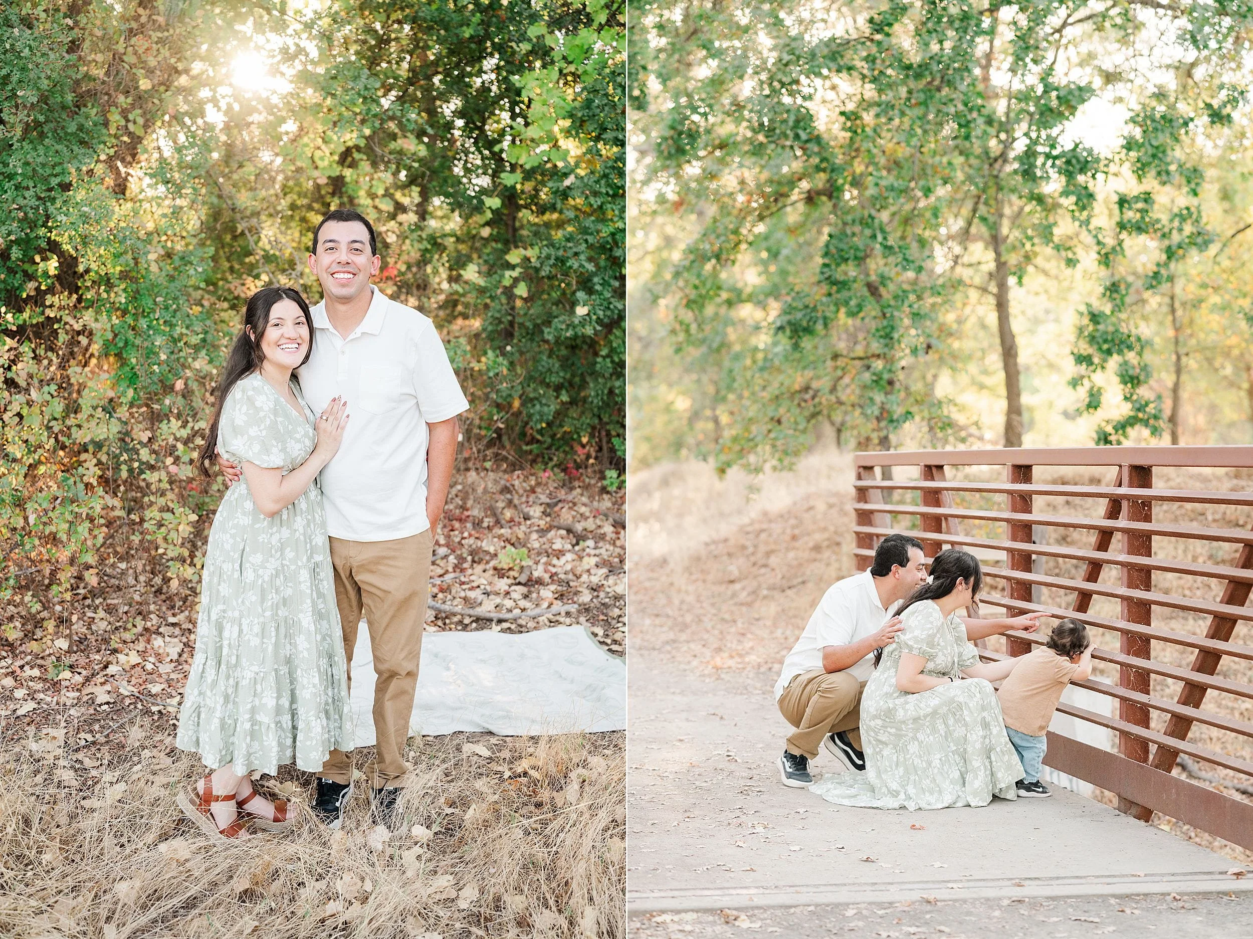 A smiling couple poses in a sunlit woodland, then kneels with their young child beside a wooden bridge, sharing a warm family moment.