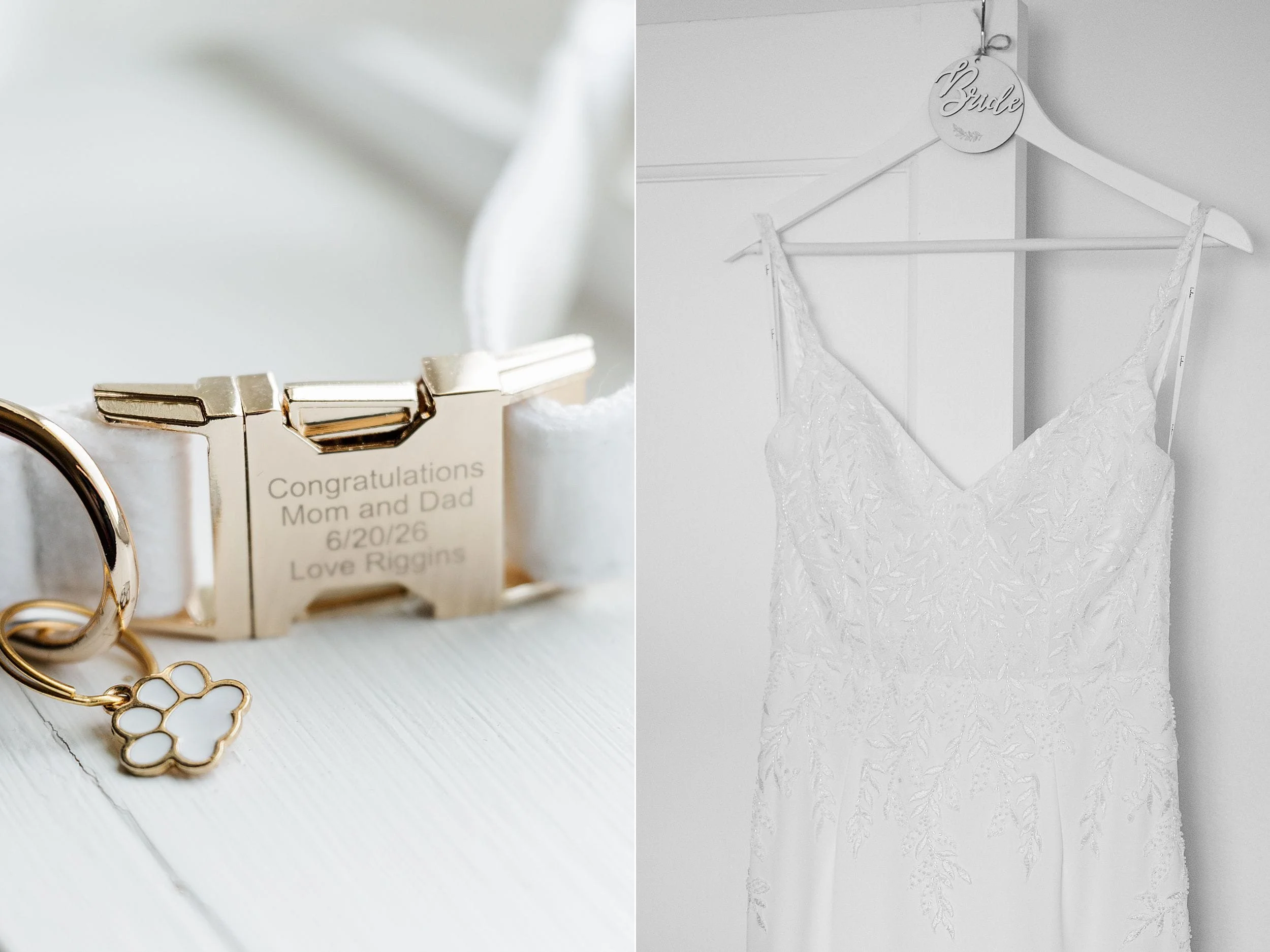 Dog collar tag engraved with a wedding message from Riggins beside bridal details.