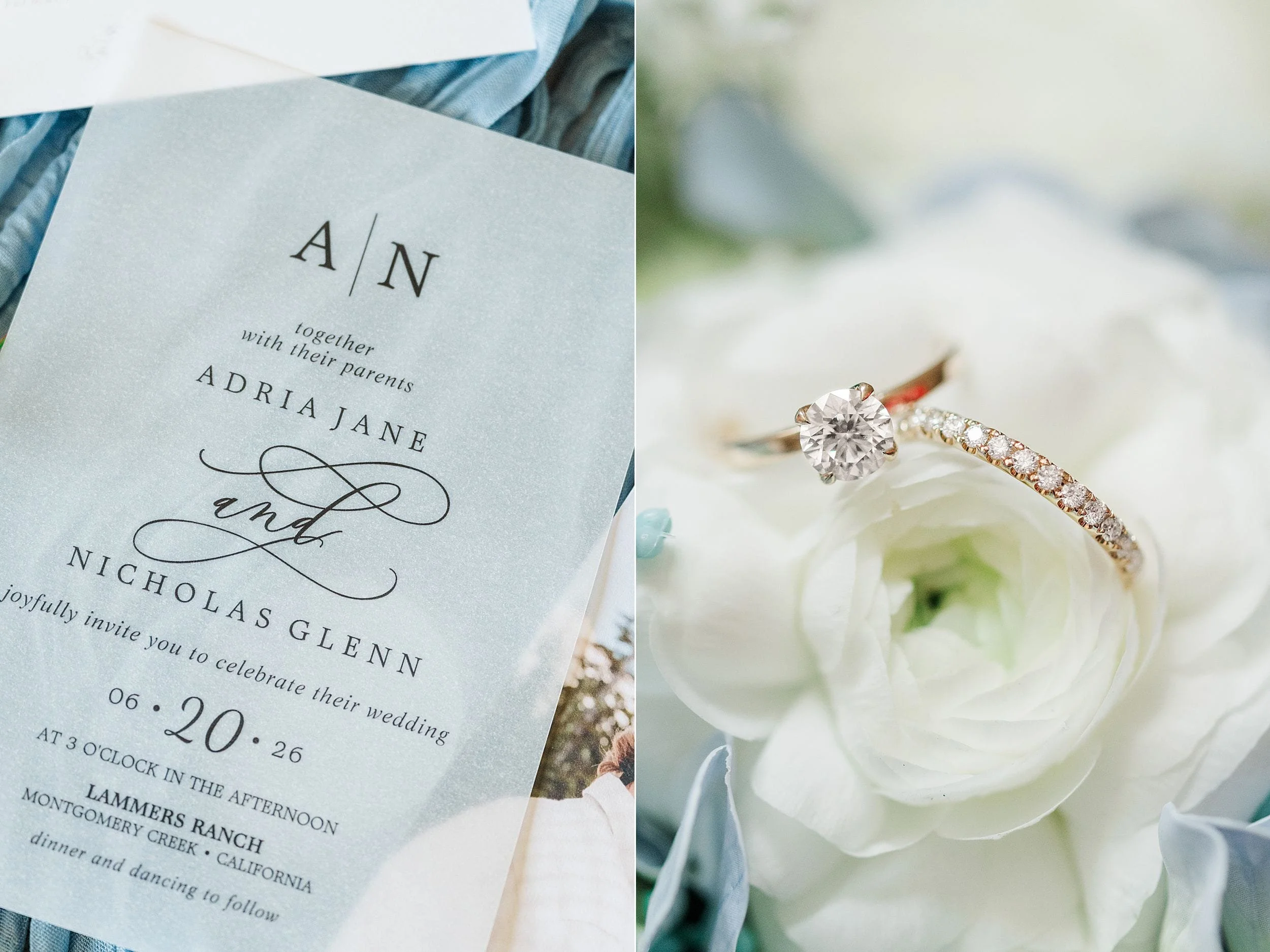 Wedding invitation and diamond ring photographed with soft blue bridal details.