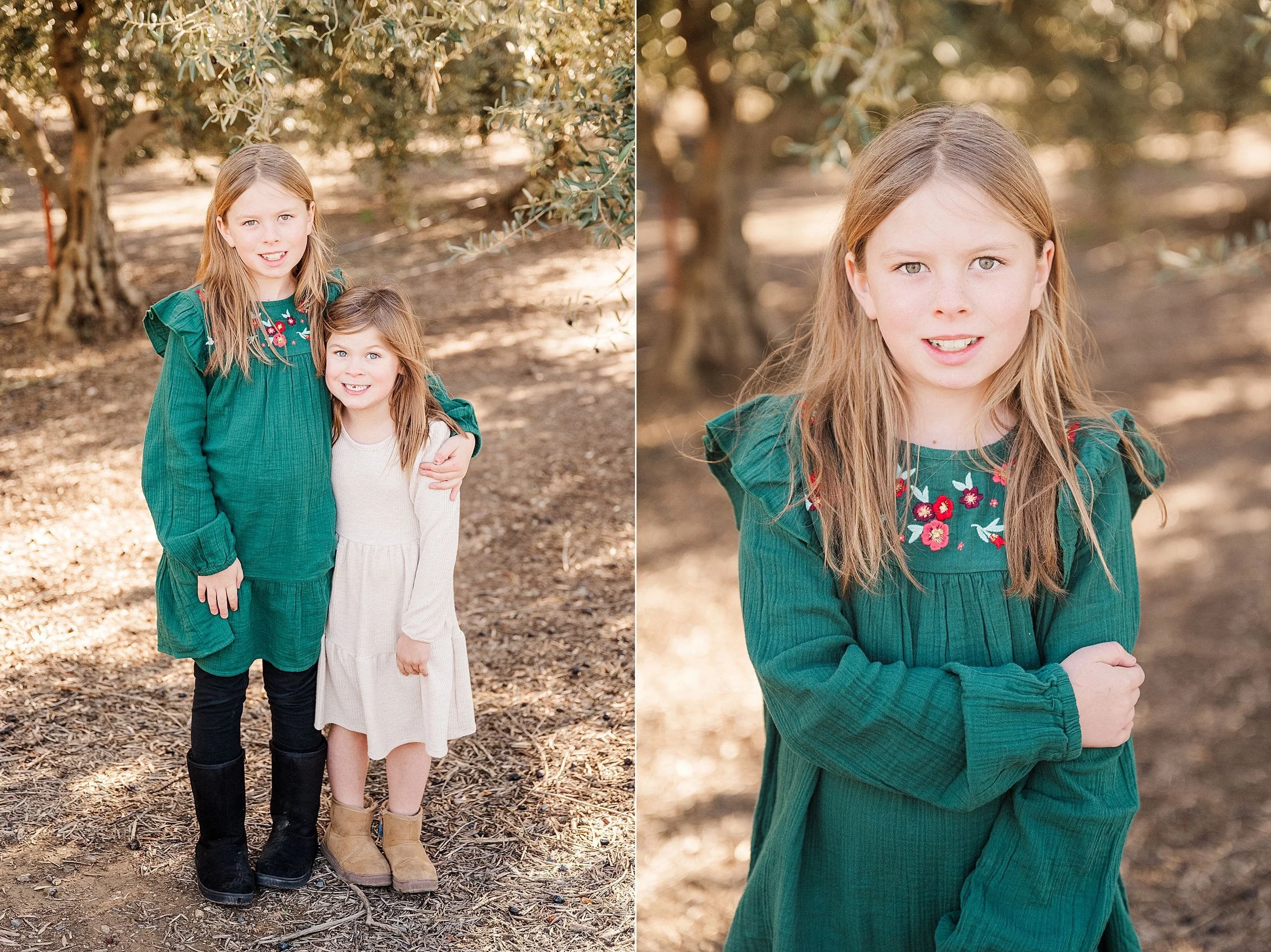 young girl with blond hair and green embroidered winter dress