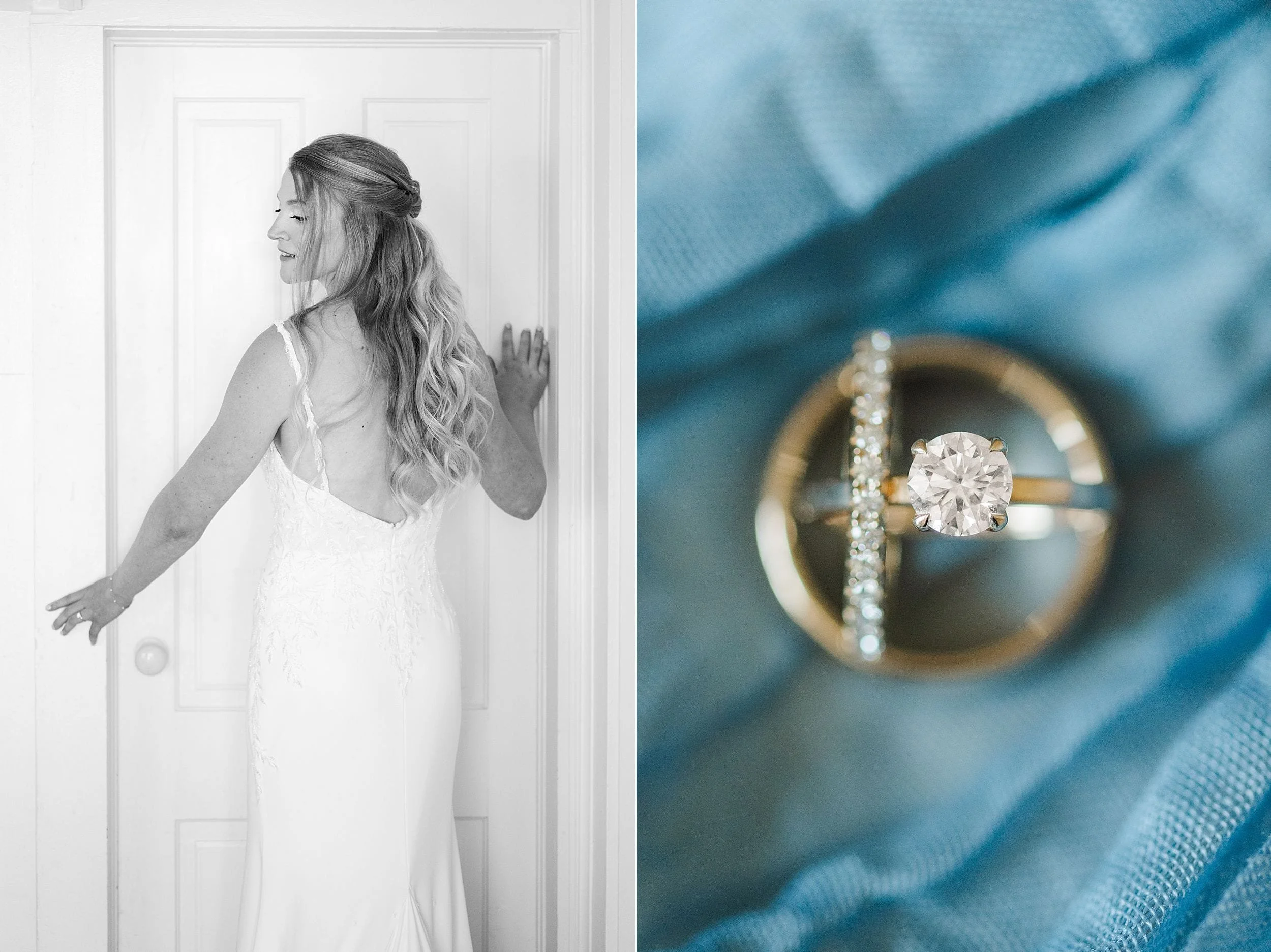 Close-up of the bride’s lace wedding dress and delicate bridal jewelry.