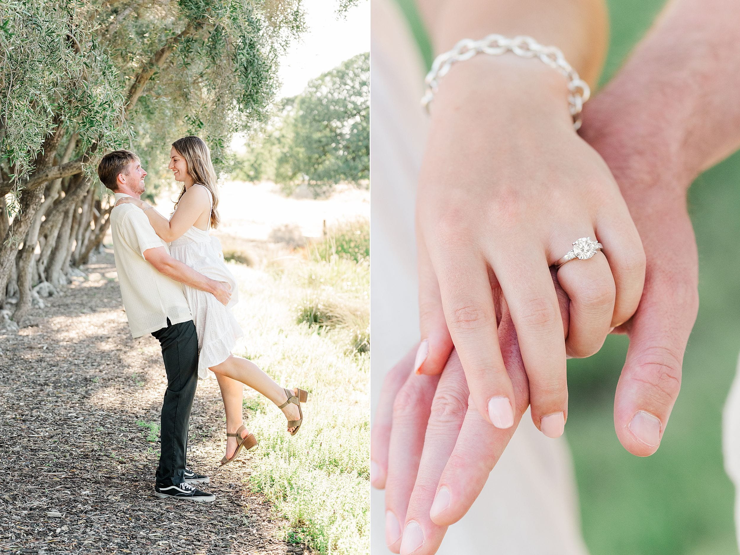 A couple joyfully embraces under sunlit trees, with the man lifting the woman in a white dress. Close-up of their intertwined hands shows an engagement ring.