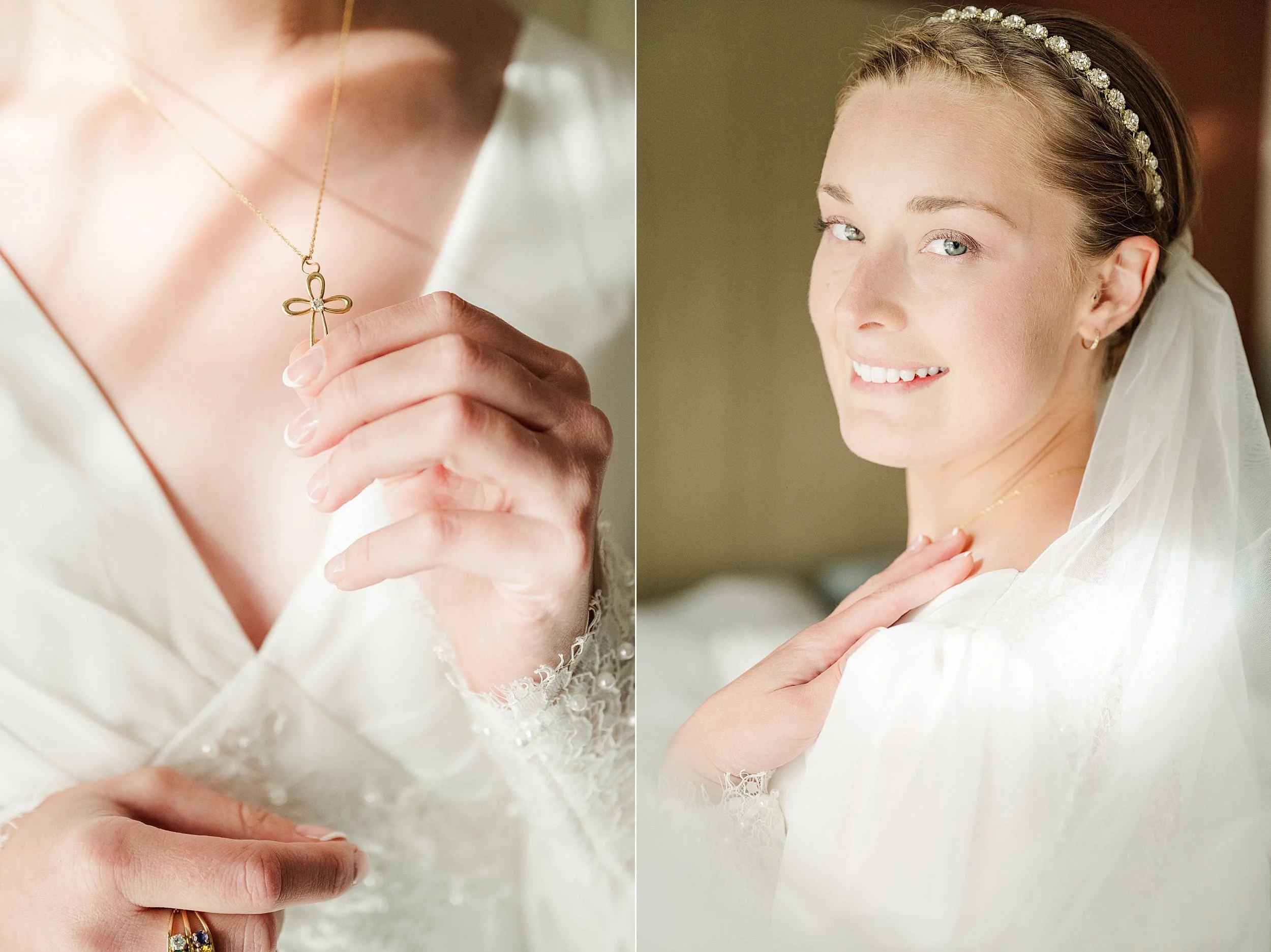 A bride in a white gown holds a gold cross necklace, showing details of lace sleeves and a wedding band. She smiles, wearing a jeweled headband and veil, exuding joy.