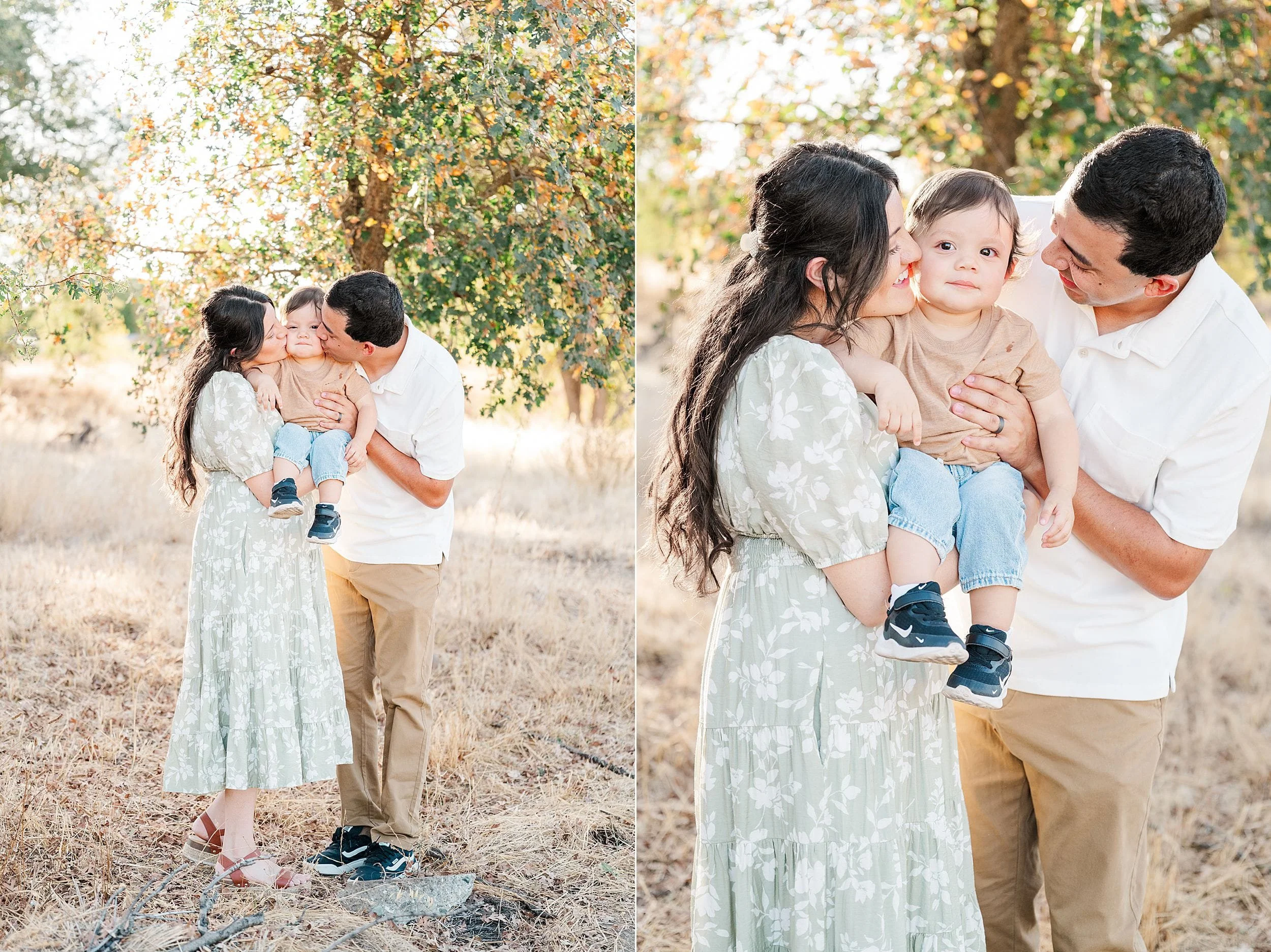 Two-panel autumn family portrait: parents lovingly hold their toddler in a sunlit field beneath golden trees; the child looks at the camera.
