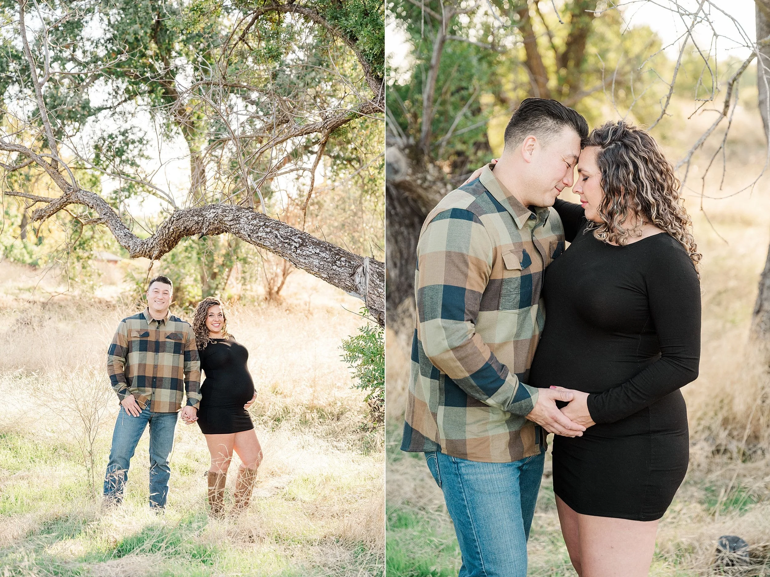 pregnant woman in short tight black dress and her husband