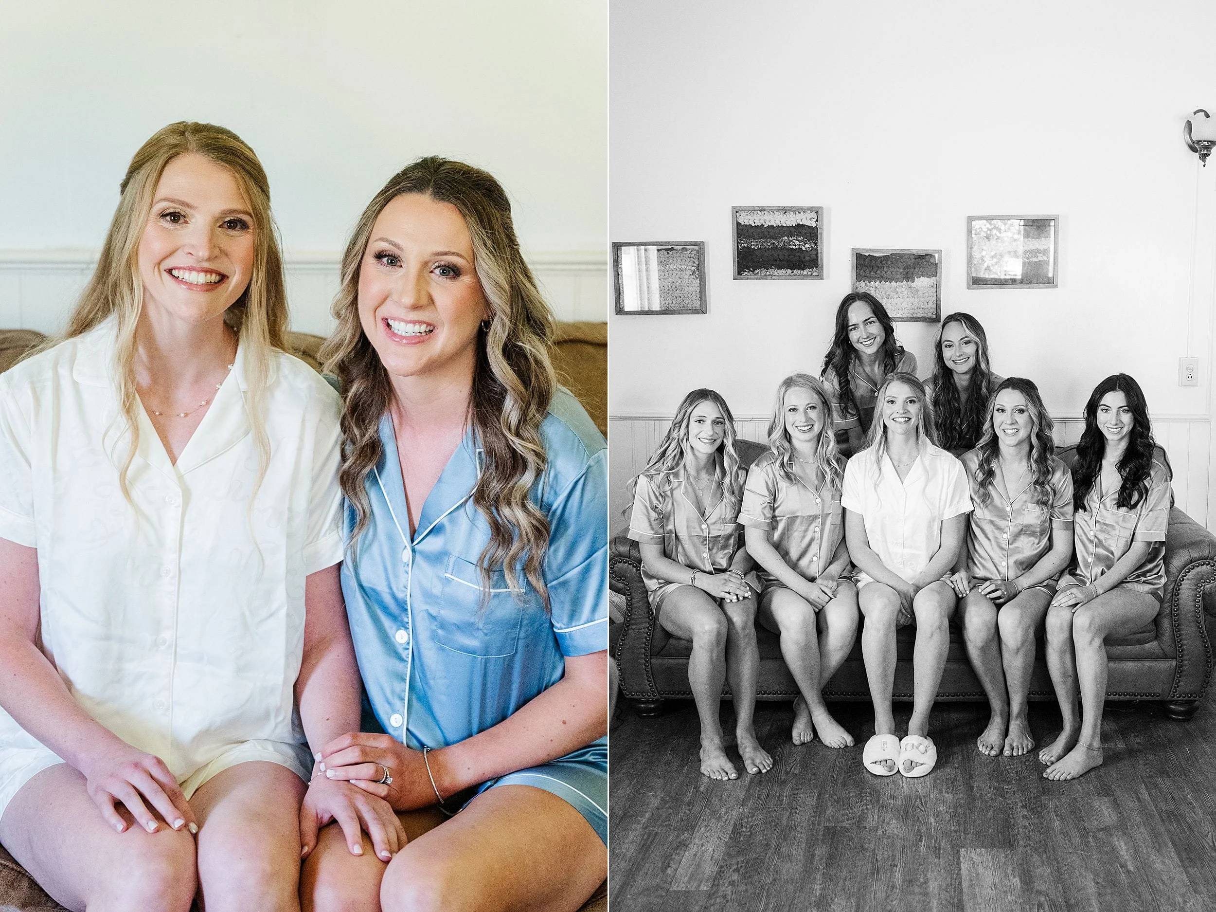 Bride and bridesmaids smiling together in matching getting-ready pajamas.