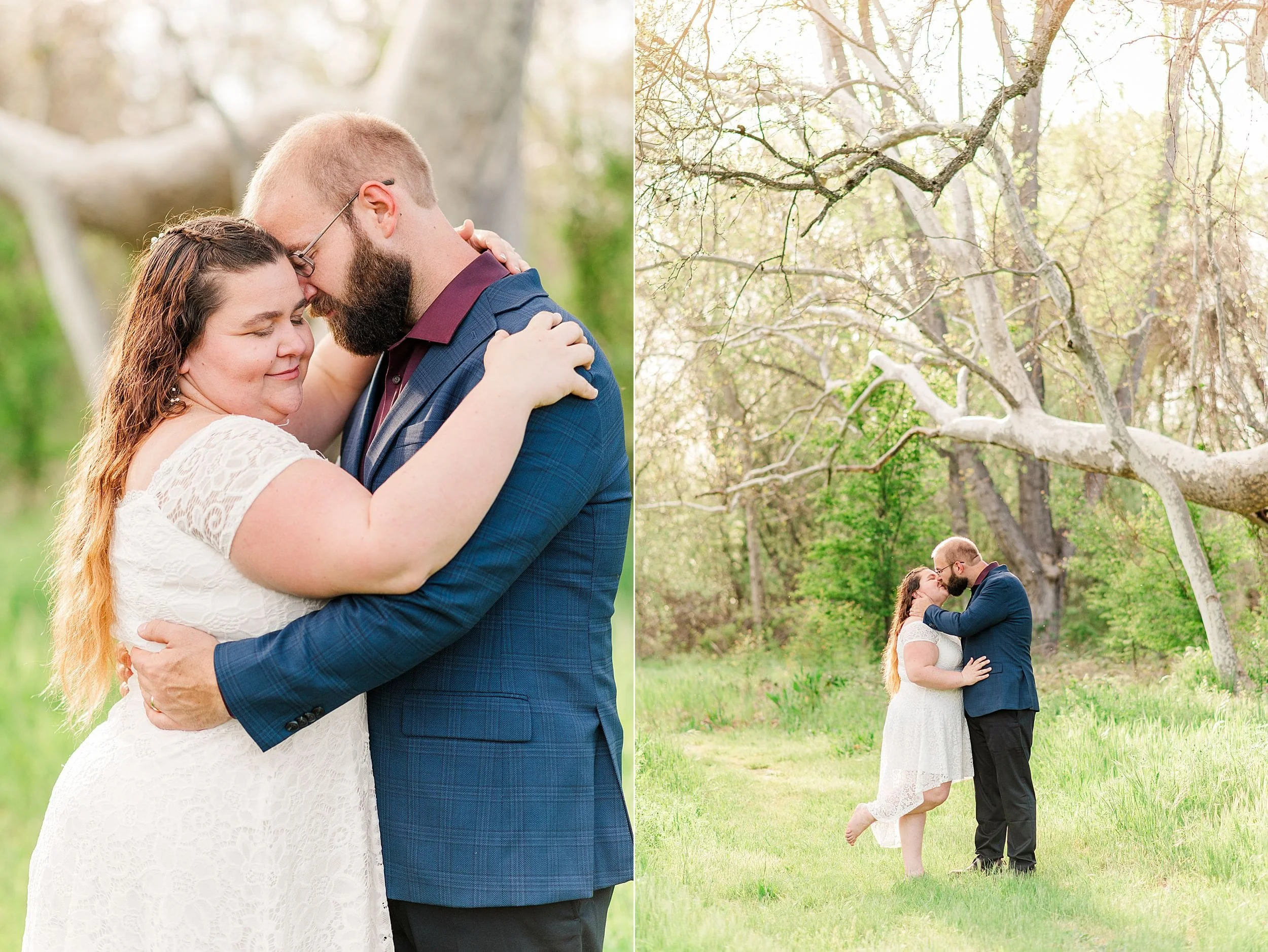 engaged couple kissing under beautiful white tree limbs