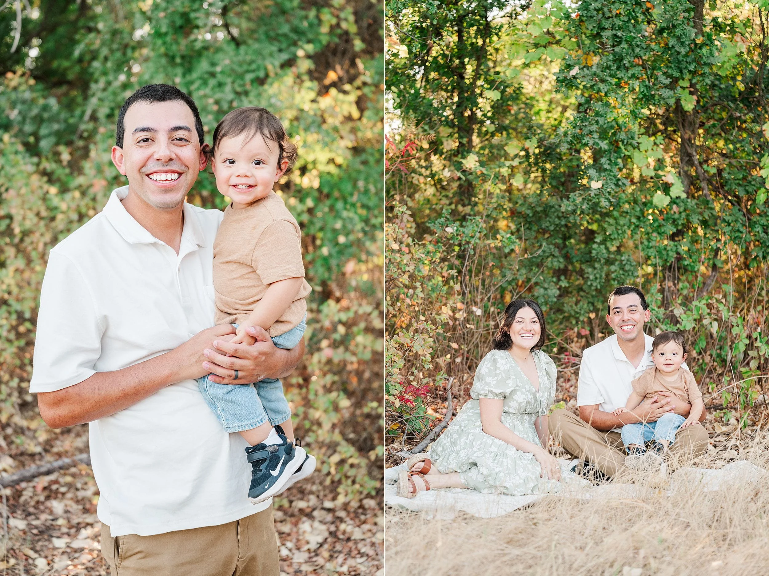 A smiling father holds his toddler in woodland, beside a family portrait with the parents and child seated among autumn leaves, warm and joyful.