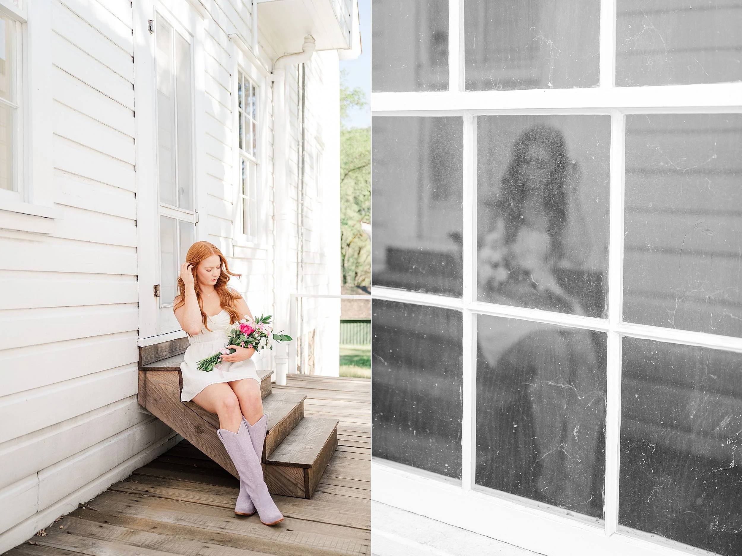 A woman with long red hair sits on wooden steps of a white house, holding colorful flowers. Her reflection is visible in an adjacent window, conveying tranquility.