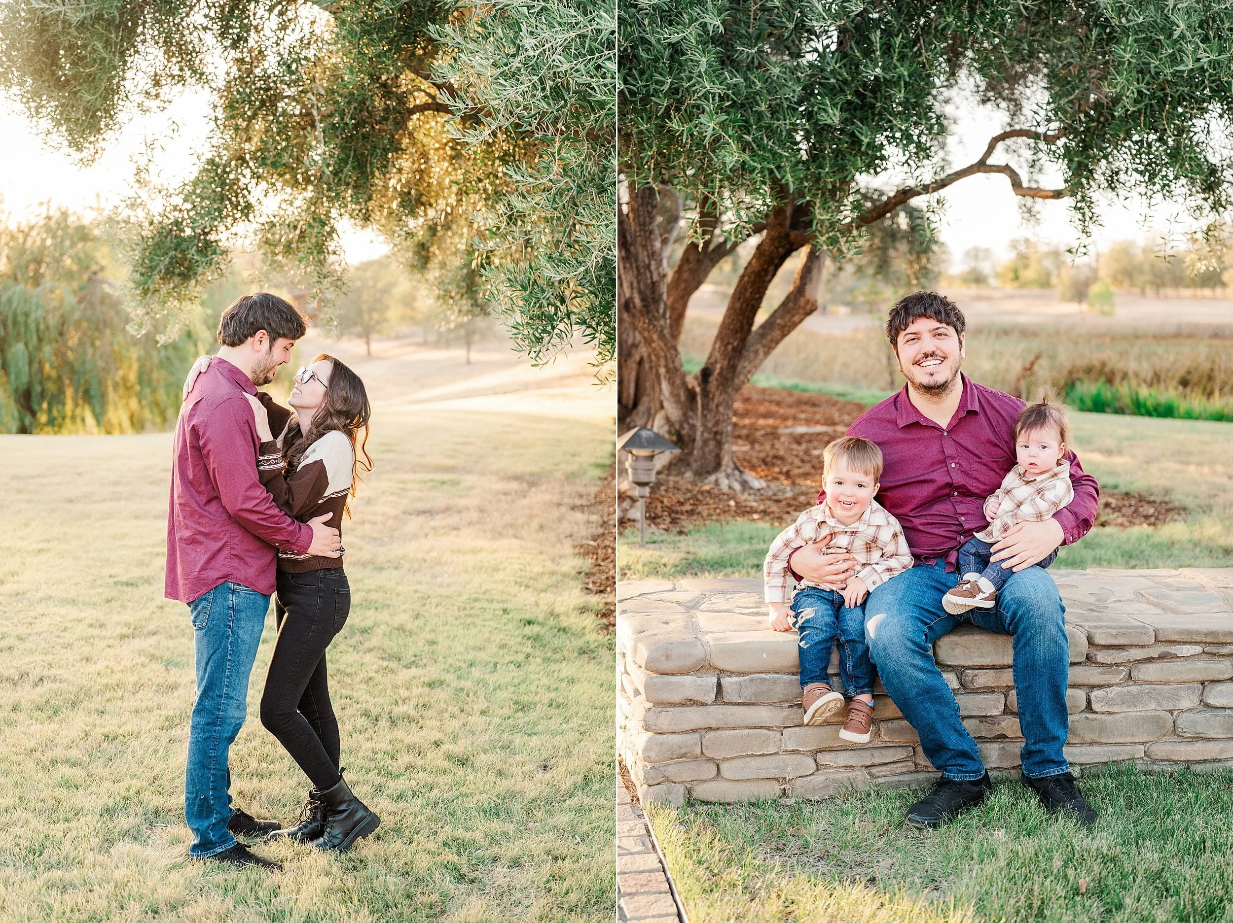 A split portrait shows a couple embracing beneath a leafy tree at sunset and, beside them, the smiling father seated with their two young children.