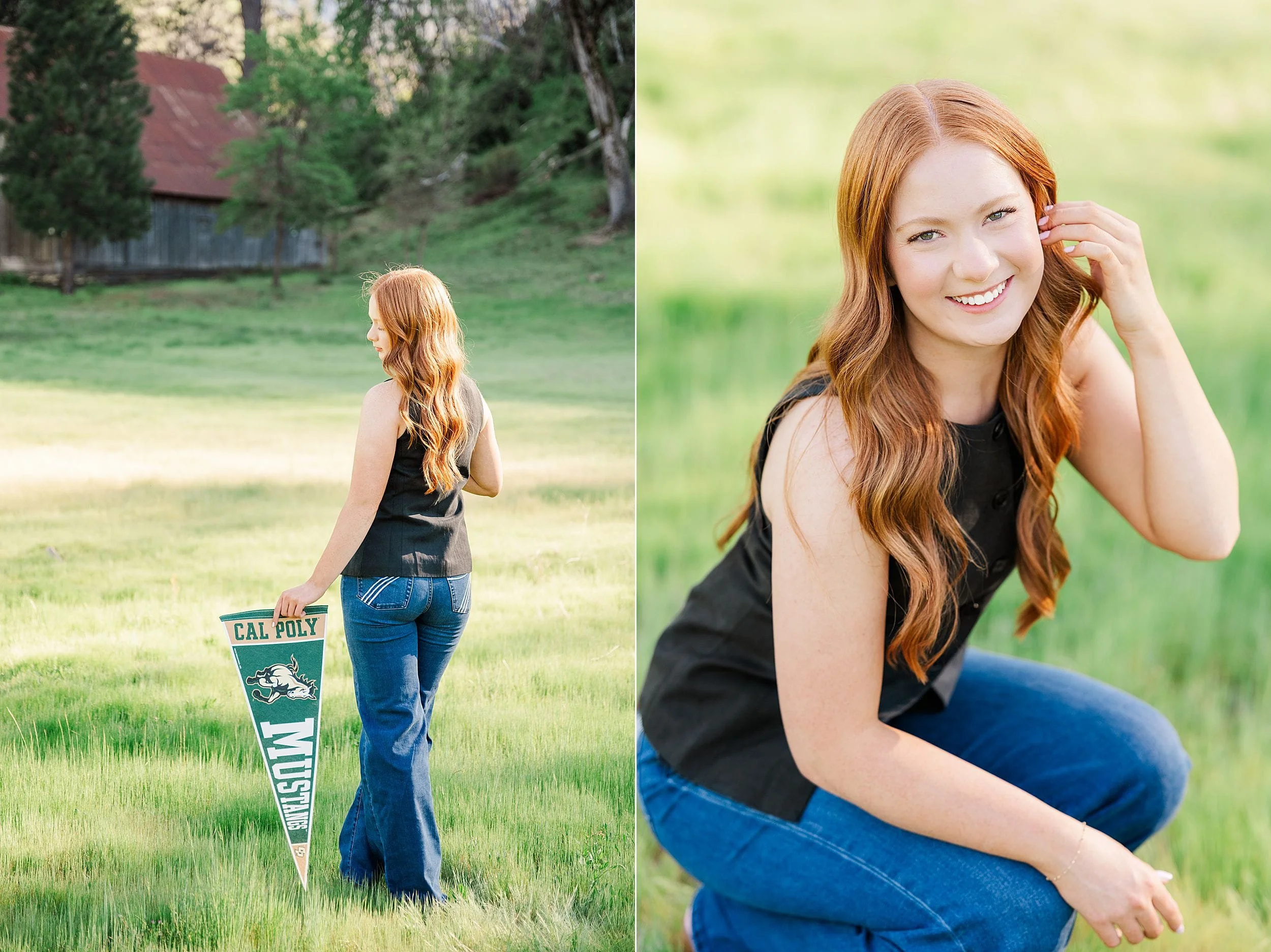 A young woman with long red hair stands in a sunlit grassy field holding a "Cal Poly Mustangs" pennant. She wears a black top and jeans, smiling warmly.