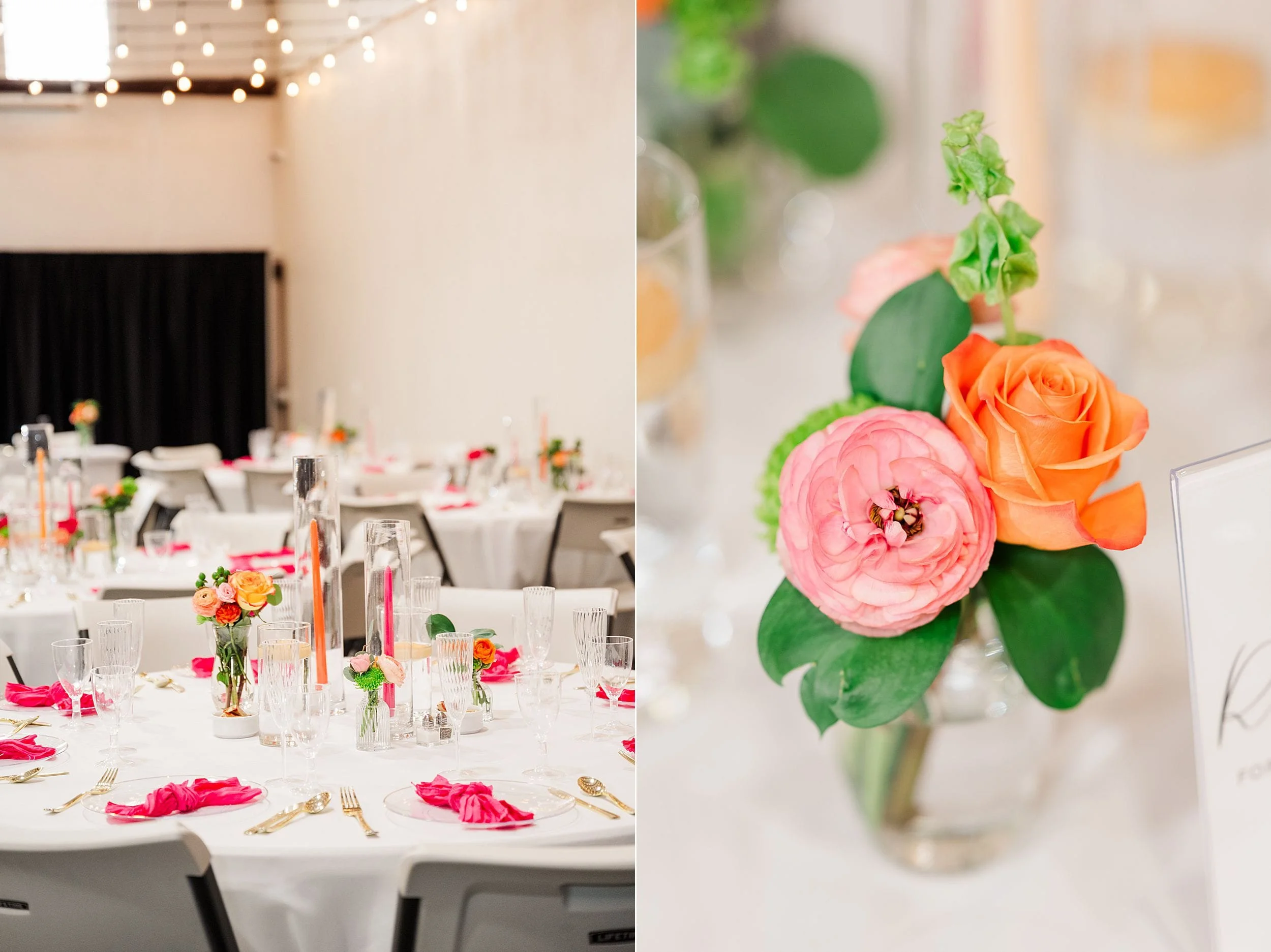 Elegant event setup with round tables adorned with vibrant pink and orange flowers, gold cutlery, and pink napkins under string lights in a spacious room.