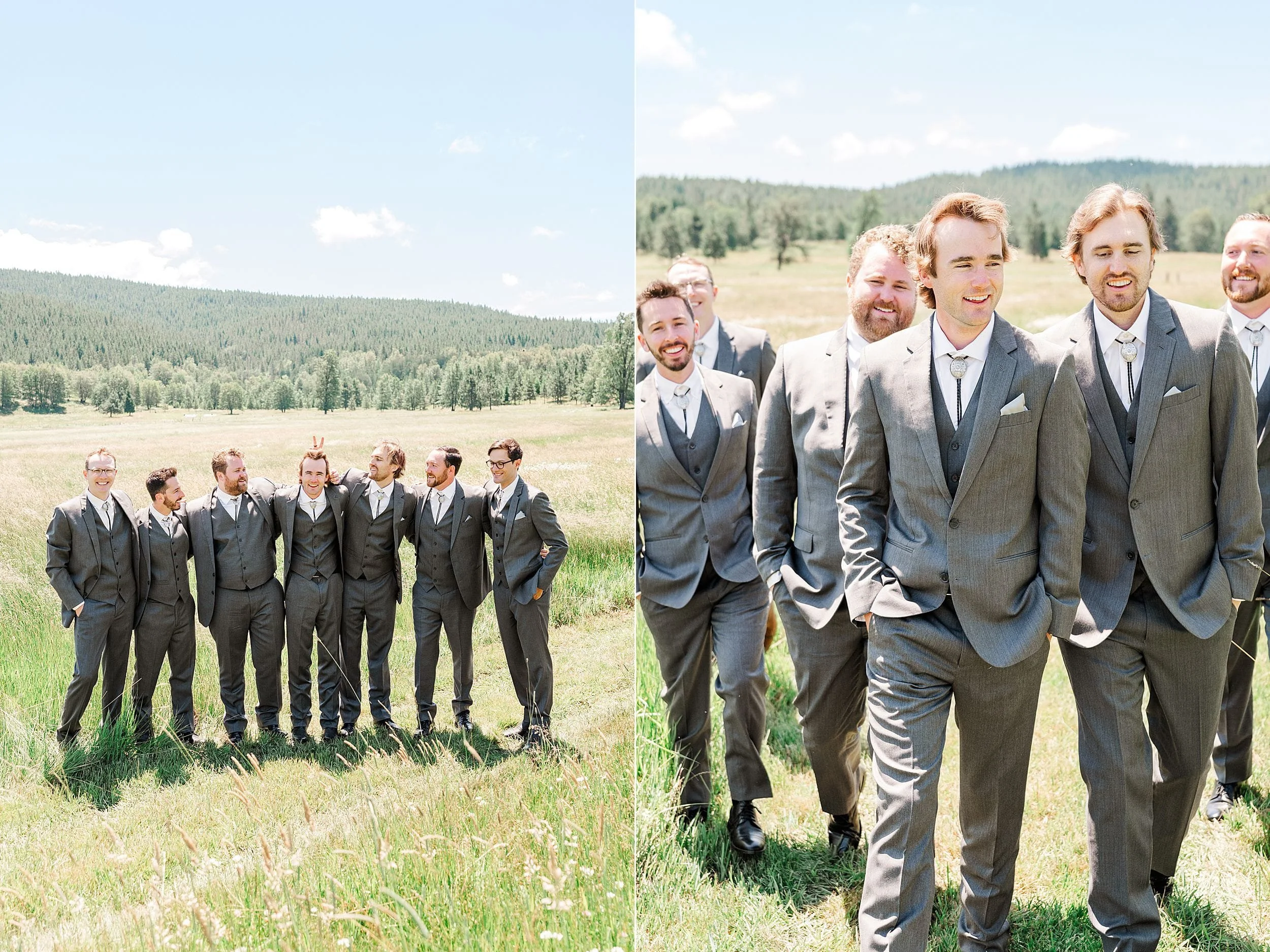 Groom and groomsmen smiling together in the mountains before the ceremony.