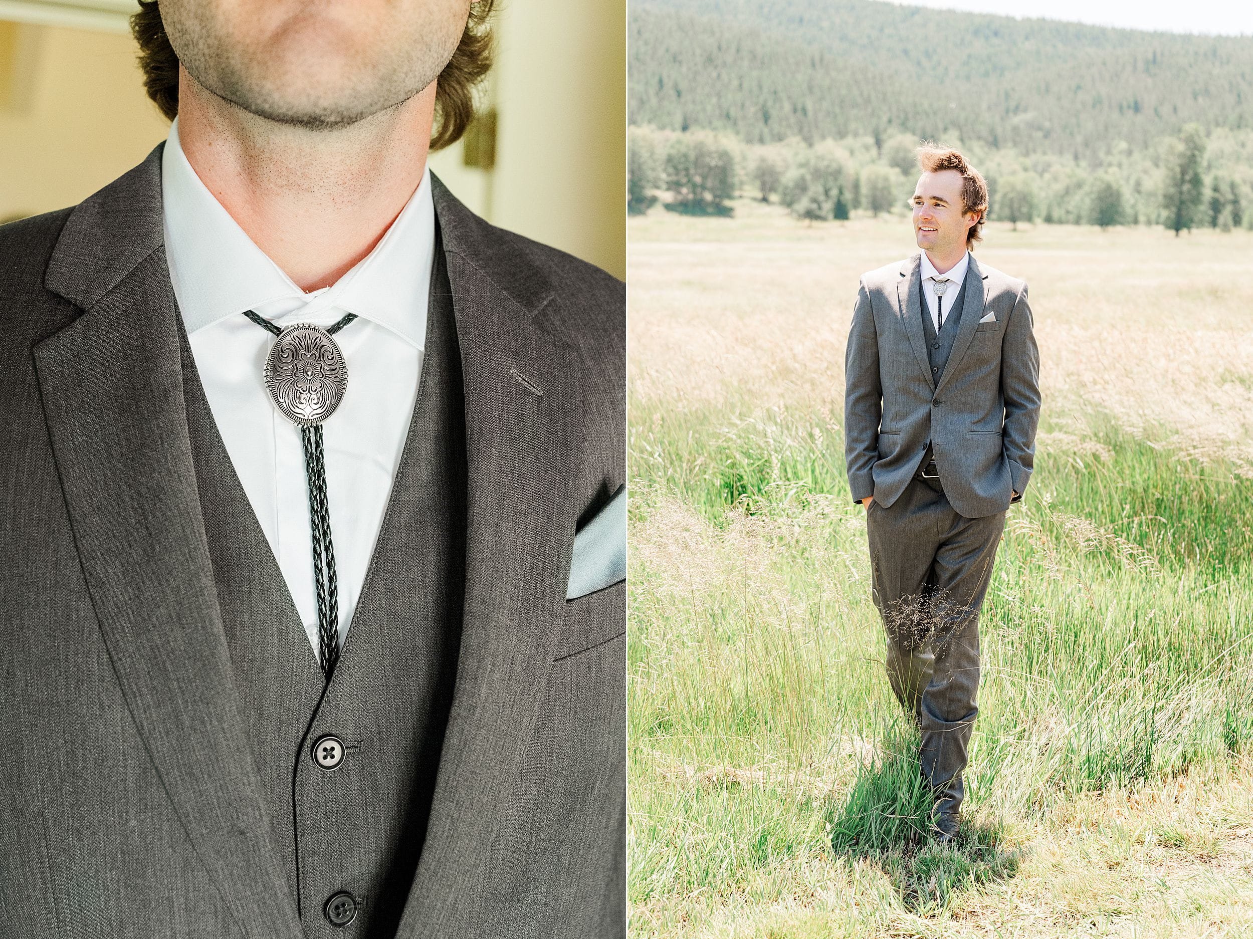 Groom adjusting his tie before the outdoor ranch wedding ceremony.