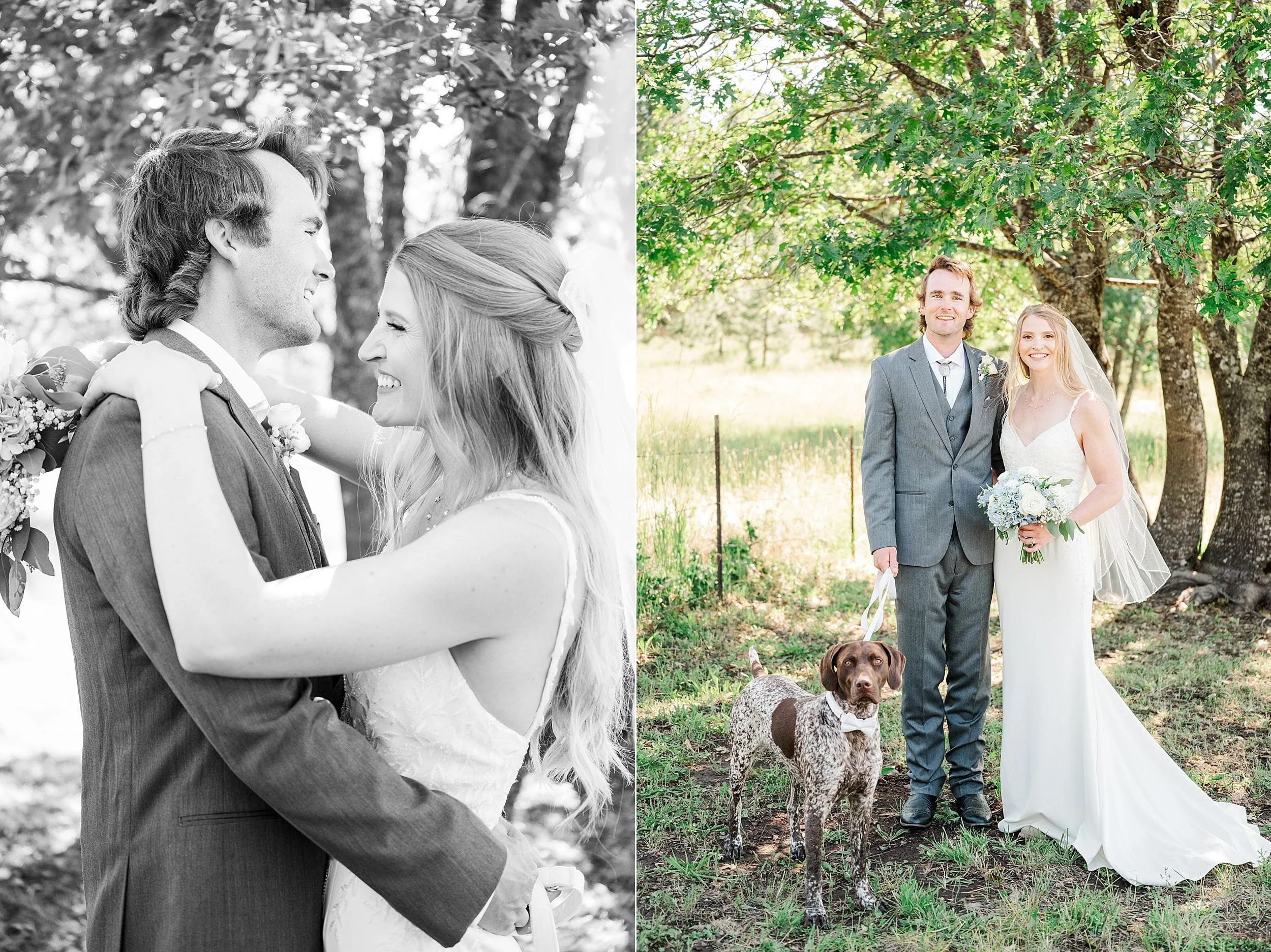 Newlyweds smiling with their dog during ranch wedding portraits.