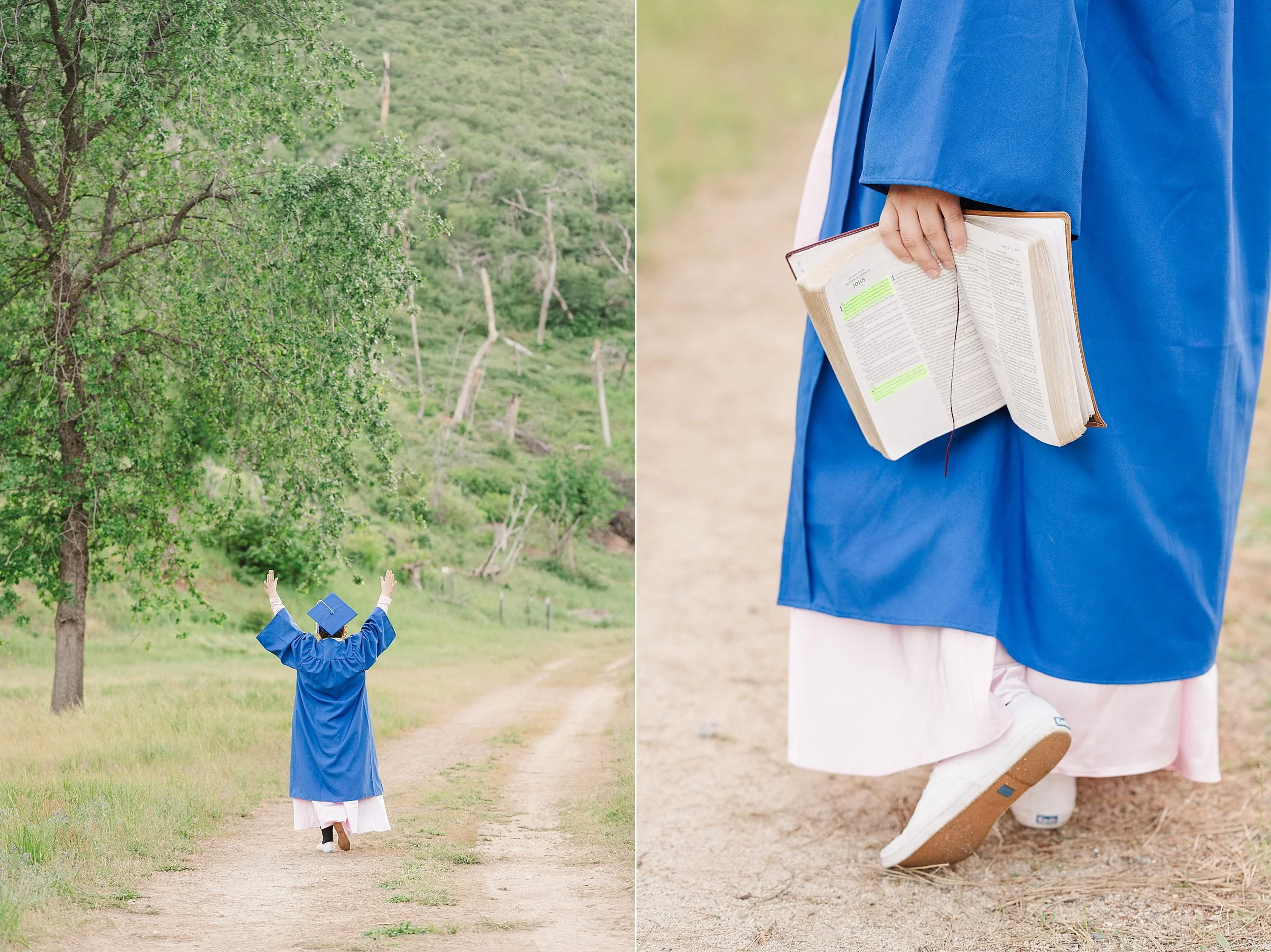 A person in a blue graduation gown walks on a dirt path, arms raised joyfully. Close-up of them holding an open book, conveying a sense of accomplishment.
