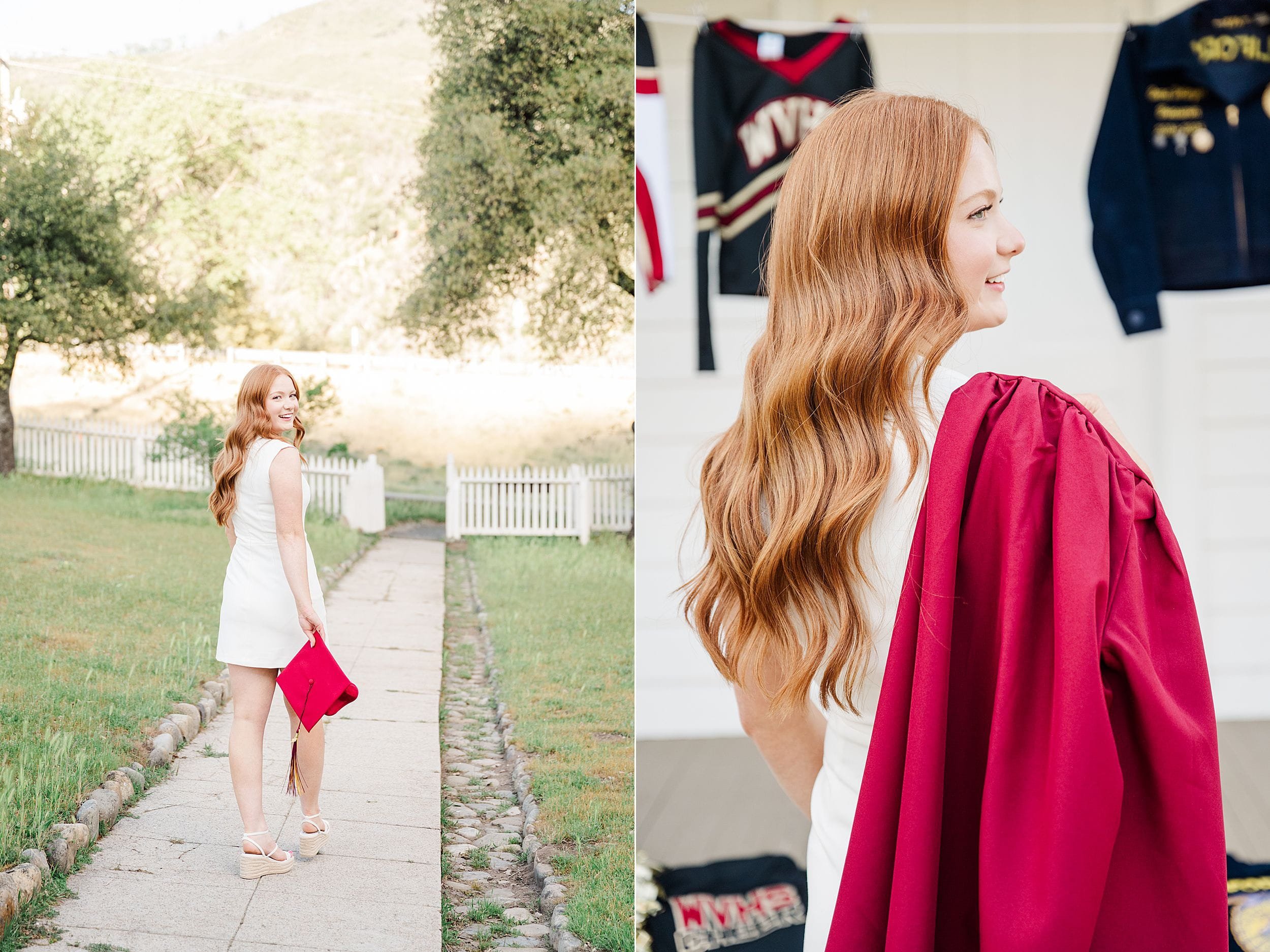 A young woman with long, wavy hair poses outdoors on a sunny path, holding a red graduation cap. Beside her, she wears a matching red gown, smiling.