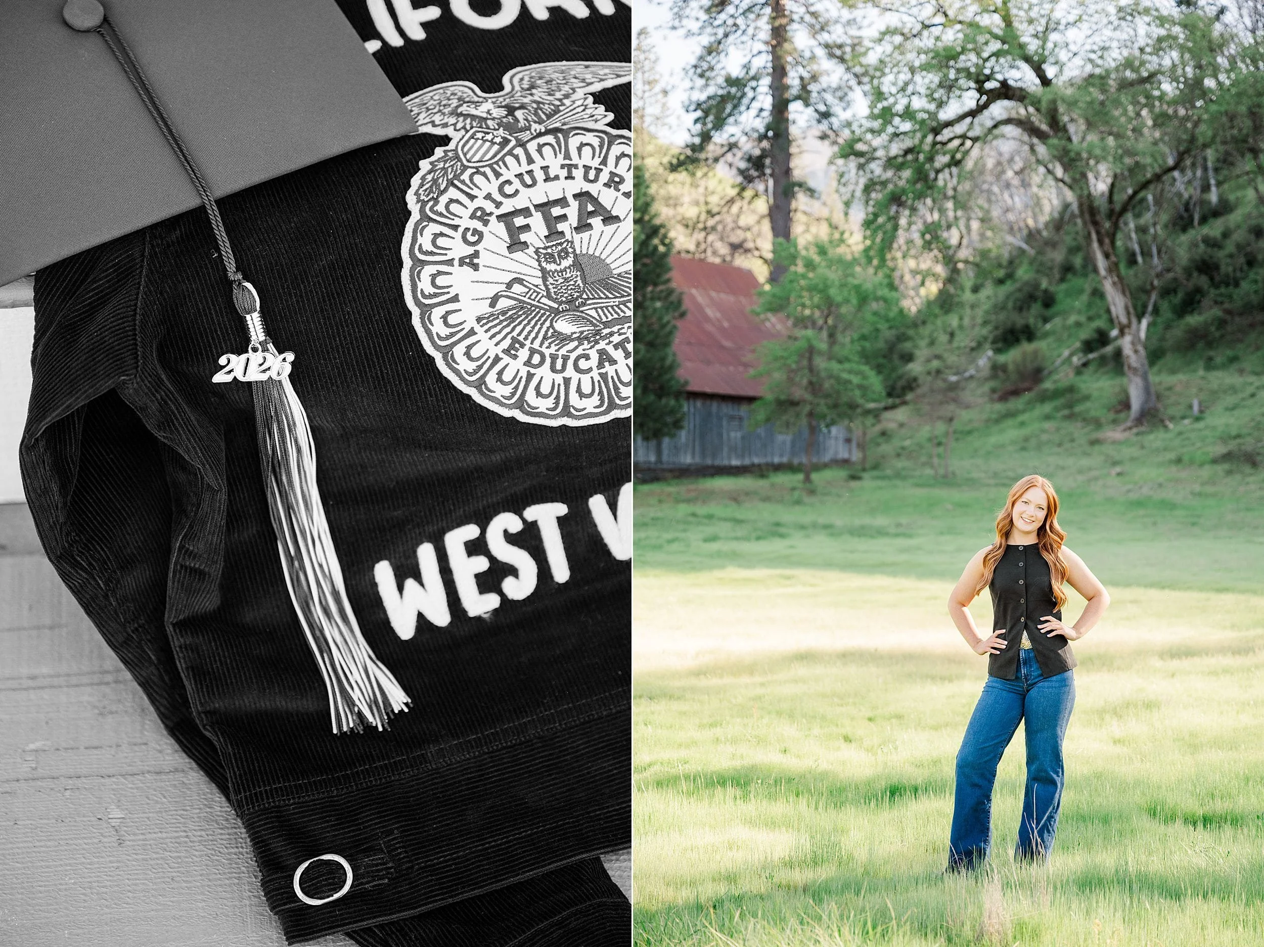 A graduation cap with a 2023 tassel lies on an FFA jacket on the left. On the right, a smiling young woman stands confidently in a sunny field, hands on hips.