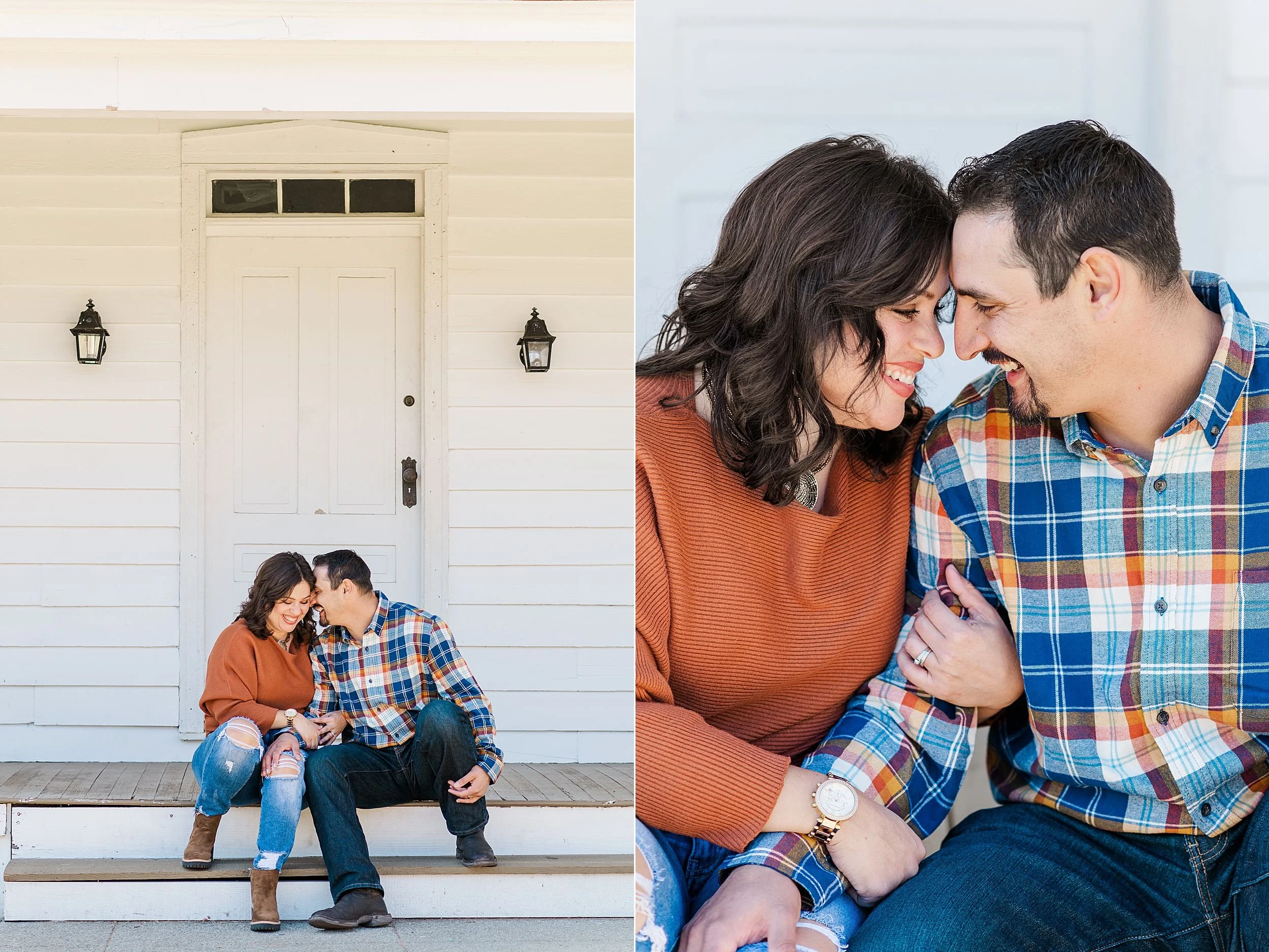 woman in burnt orange sweater and jeans, man in jeans and orange navy plaid button up shirt