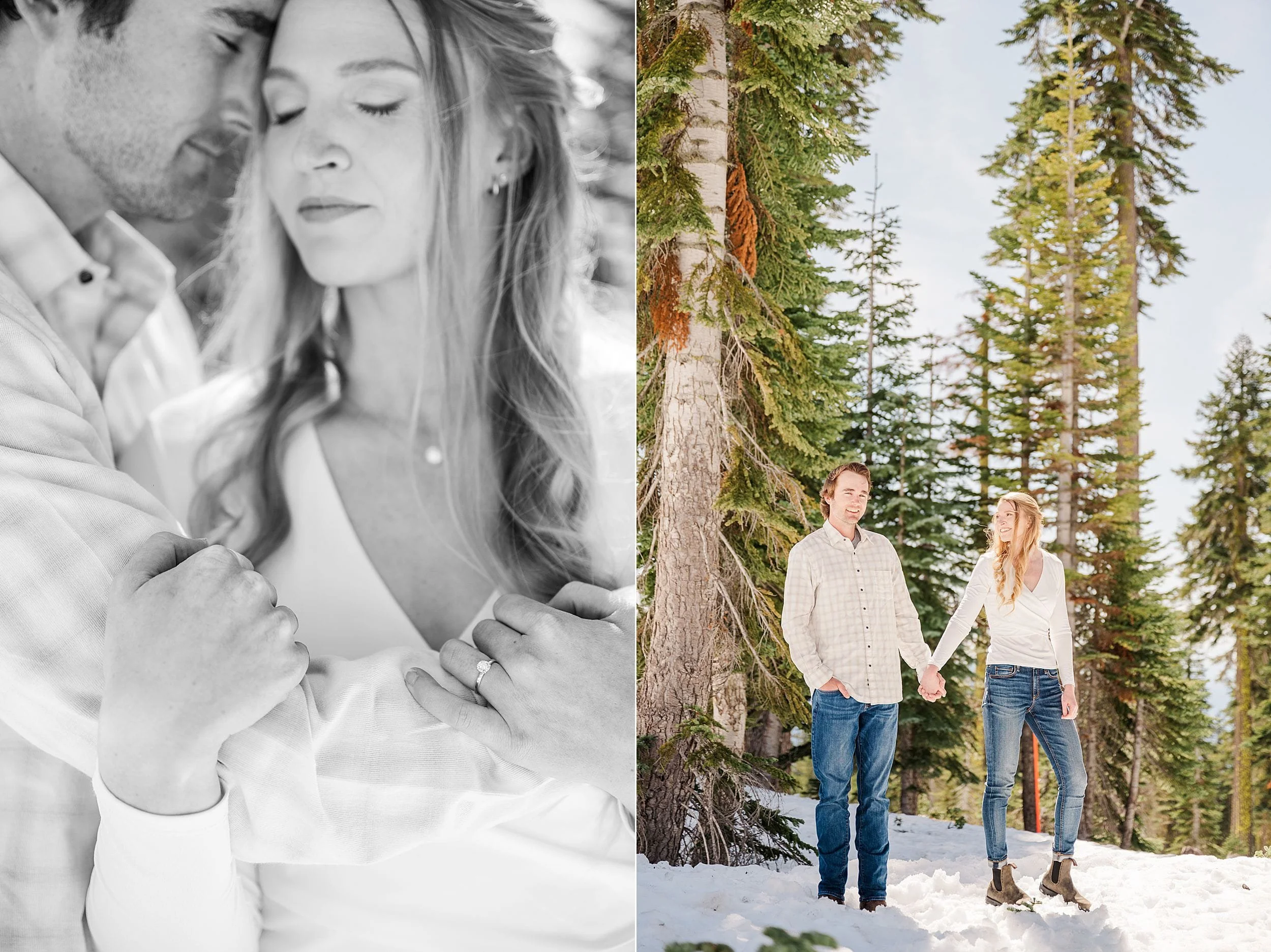 A couple embraces tenderly in a forest. The first image is a close-up of them with eyes closed, conveying warmth and intimacy. The second image shows them holding hands, walking on snow, surrounded by tall trees under a clear sky.