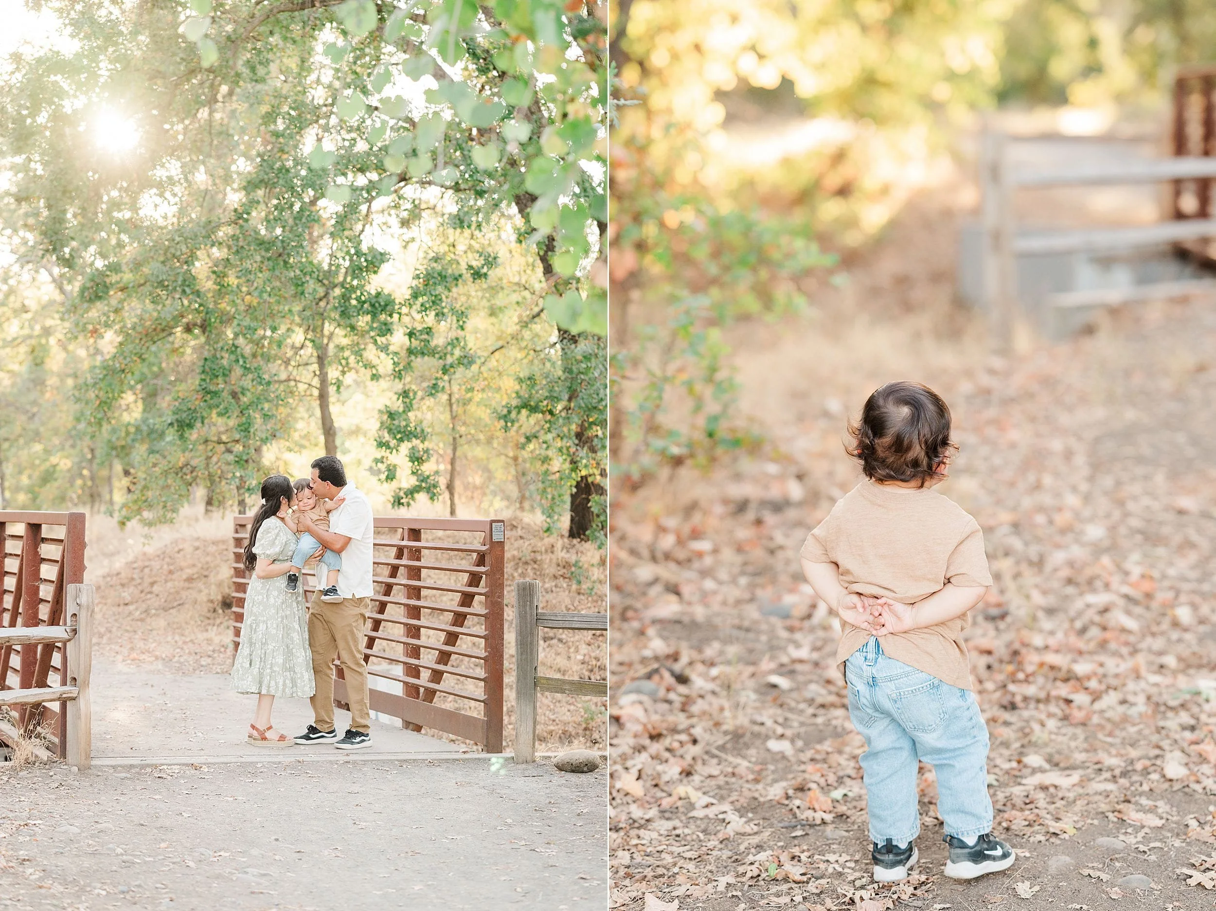 Sunlit outdoor family portraits: a couple embraces on a wooden bridge beneath leafy trees, while a young child stands on a leaf-strewn path, hands behind their back. The mood is warm and serene.