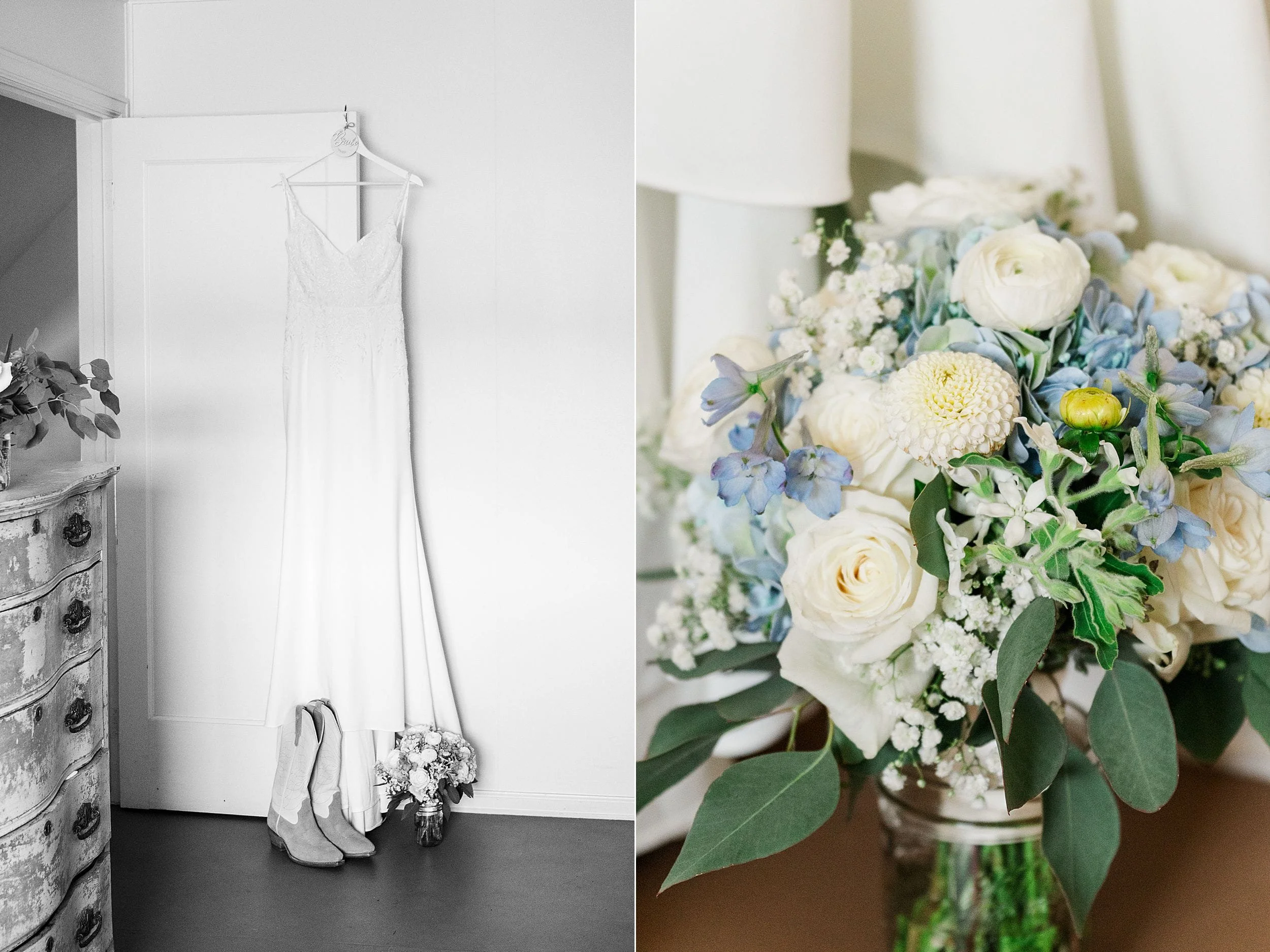 Wedding dress, bridal boots, and bouquet photographed indoors before a mountain ranch wedding.