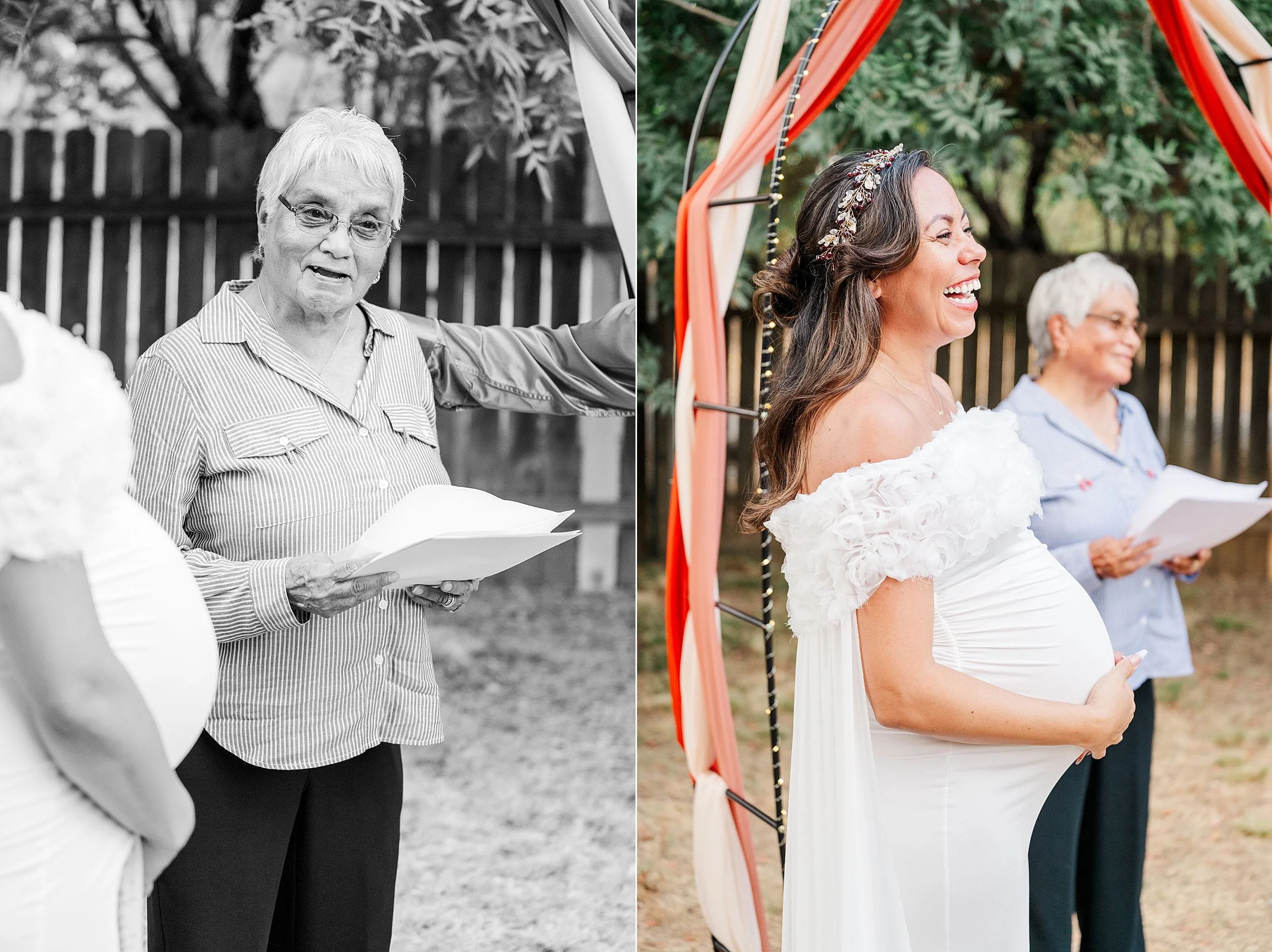Split wedding scene: an older woman reads vows in black and white, while a smiling pregnant bride stands beneath a colorful outdoor arch.