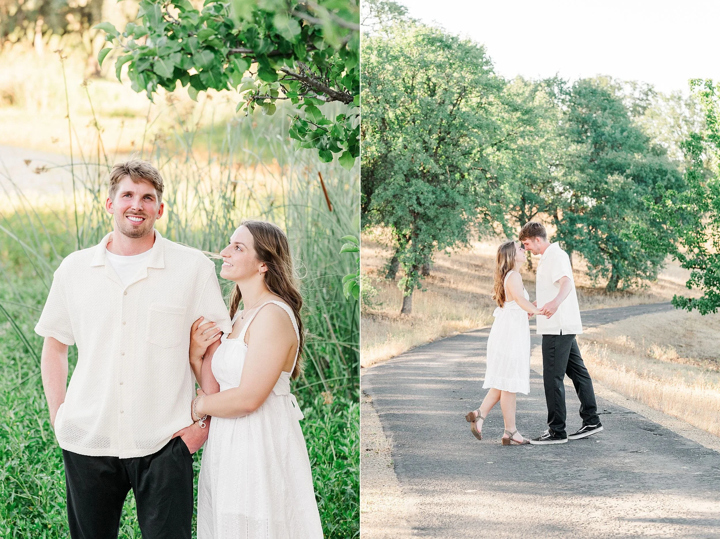 A couple in light summer outfits stand together in a sunny park. She gazes at him lovingly. In the background, they walk hand in hand on a path surrounded by lush trees.