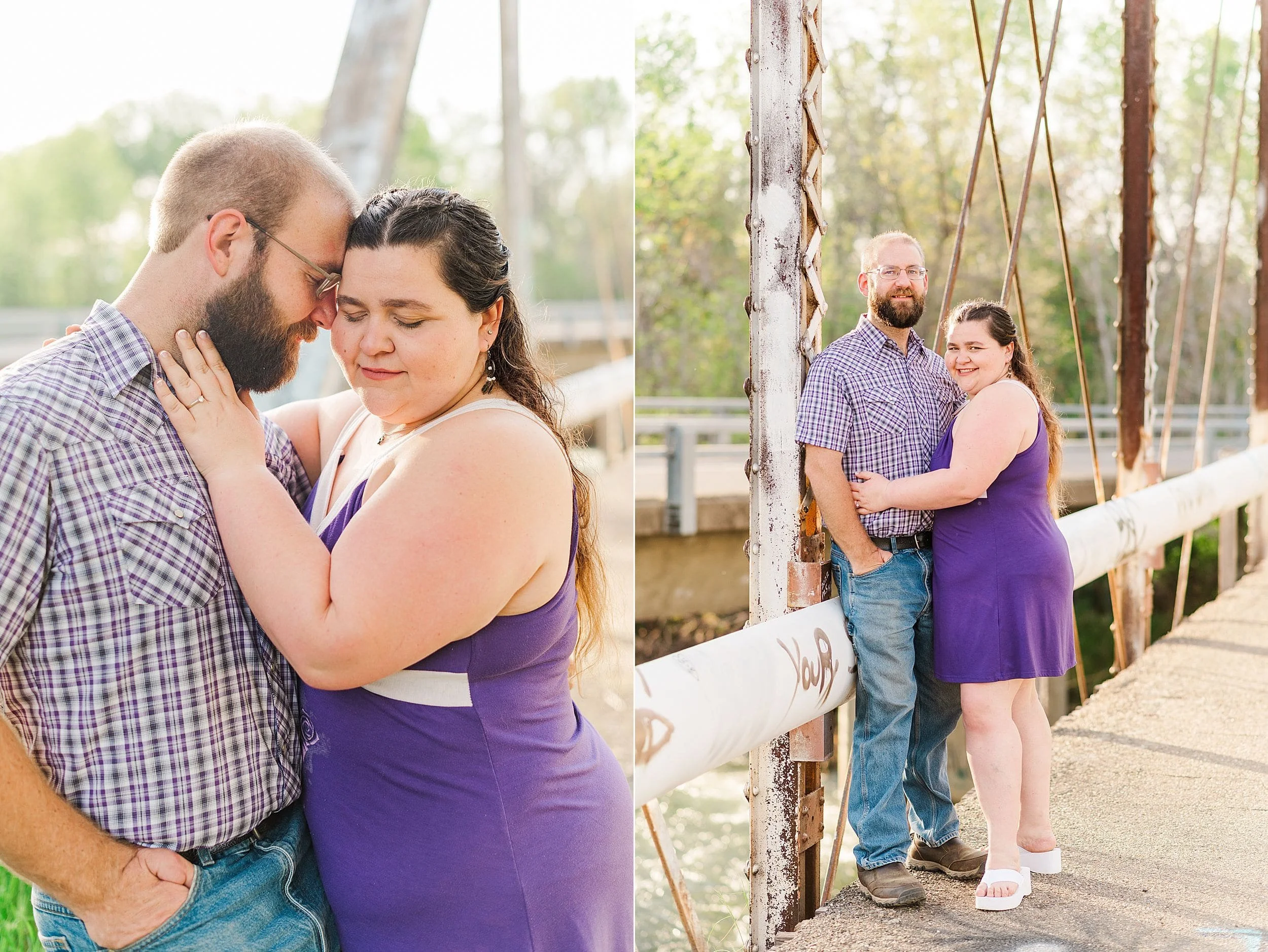 engaged couple wearing purple casual outfits standing on battle creek bridge