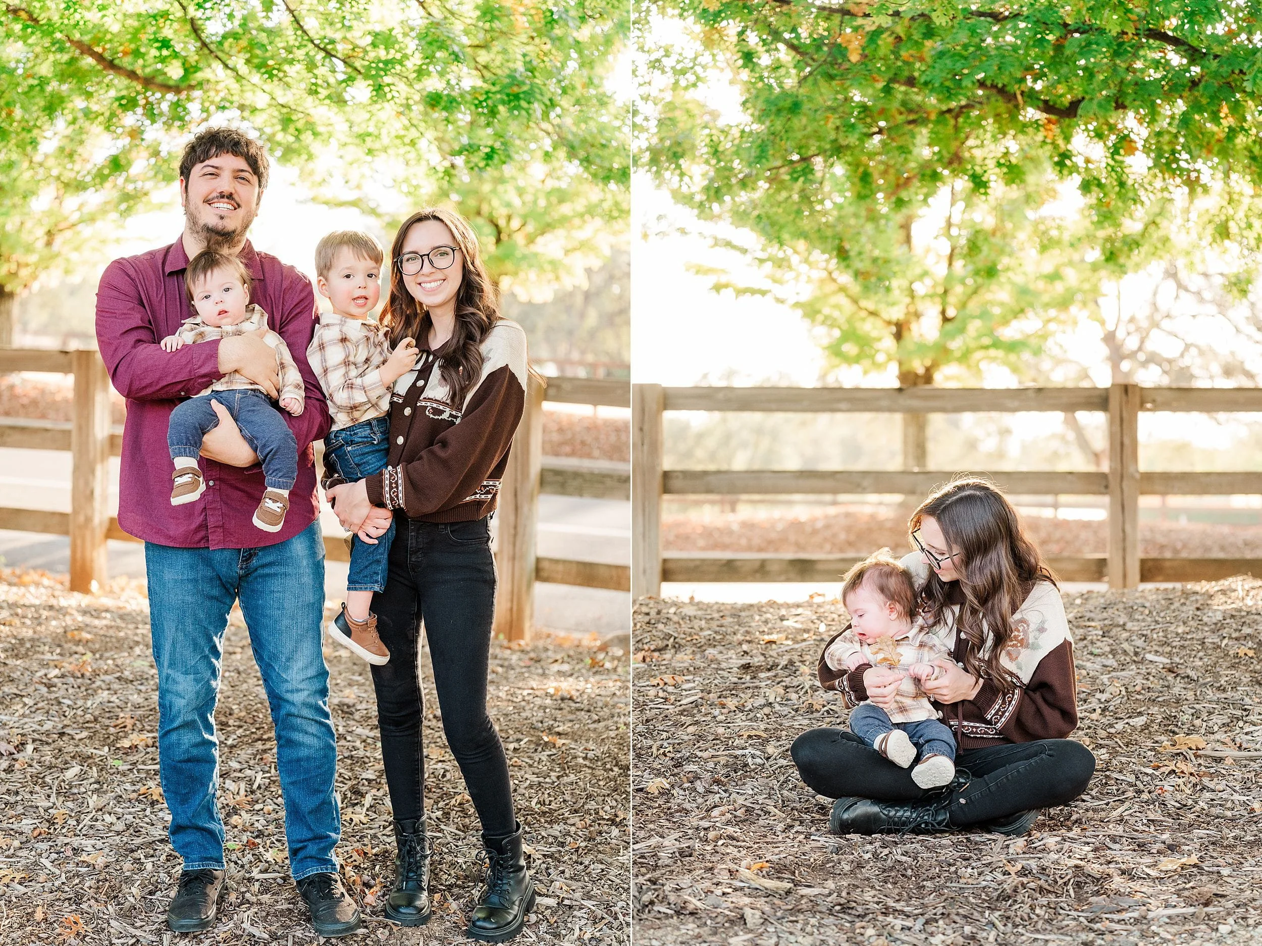 A smiling family poses under golden autumn trees: parents hold their two young children, then sit together as the mother cuddles a baby, creating a warm, affectionate mood.