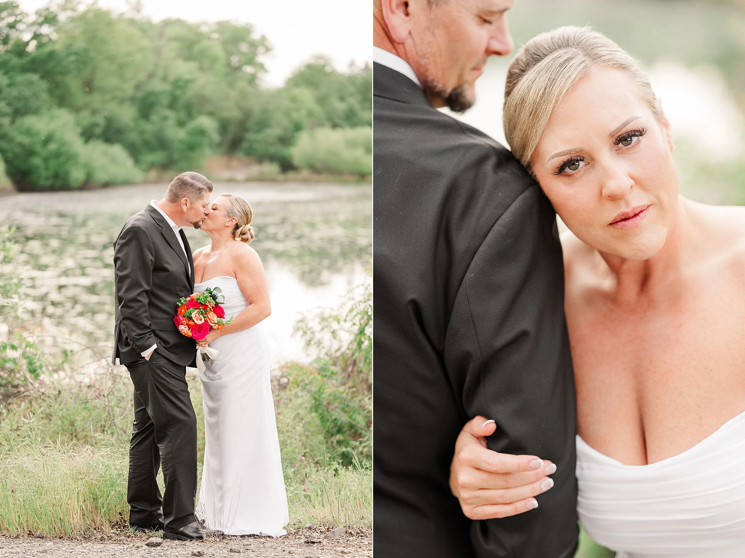 A bride and groom kiss by a serene lake, surrounded by lush greenery. She holds a vibrant bouquet. The mood is romantic and intimate.