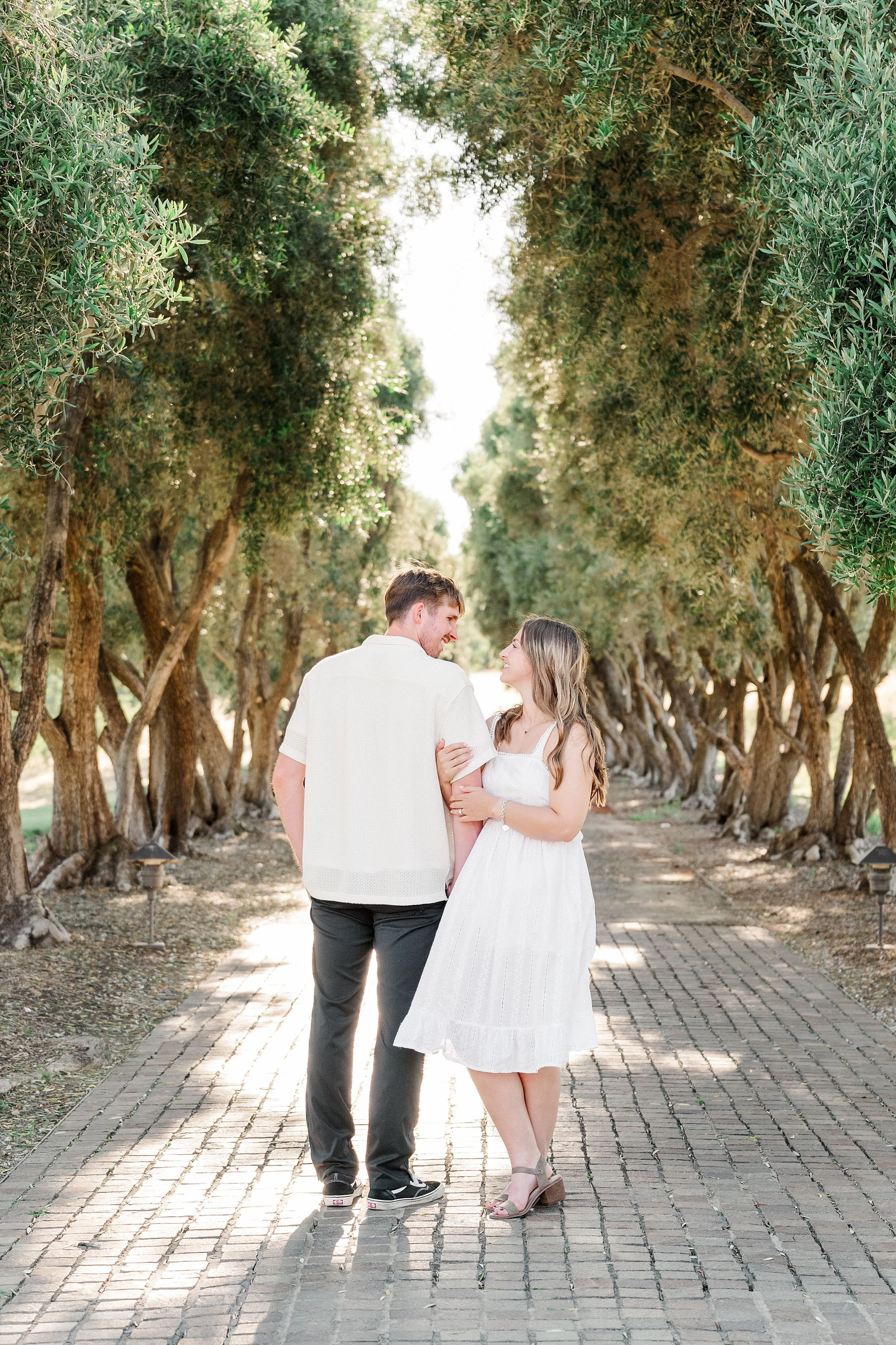 A couple stands on a sunlit, tree-lined path. They face each other lovingly, with the woman in a white dress. The atmosphere is serene and romantic.