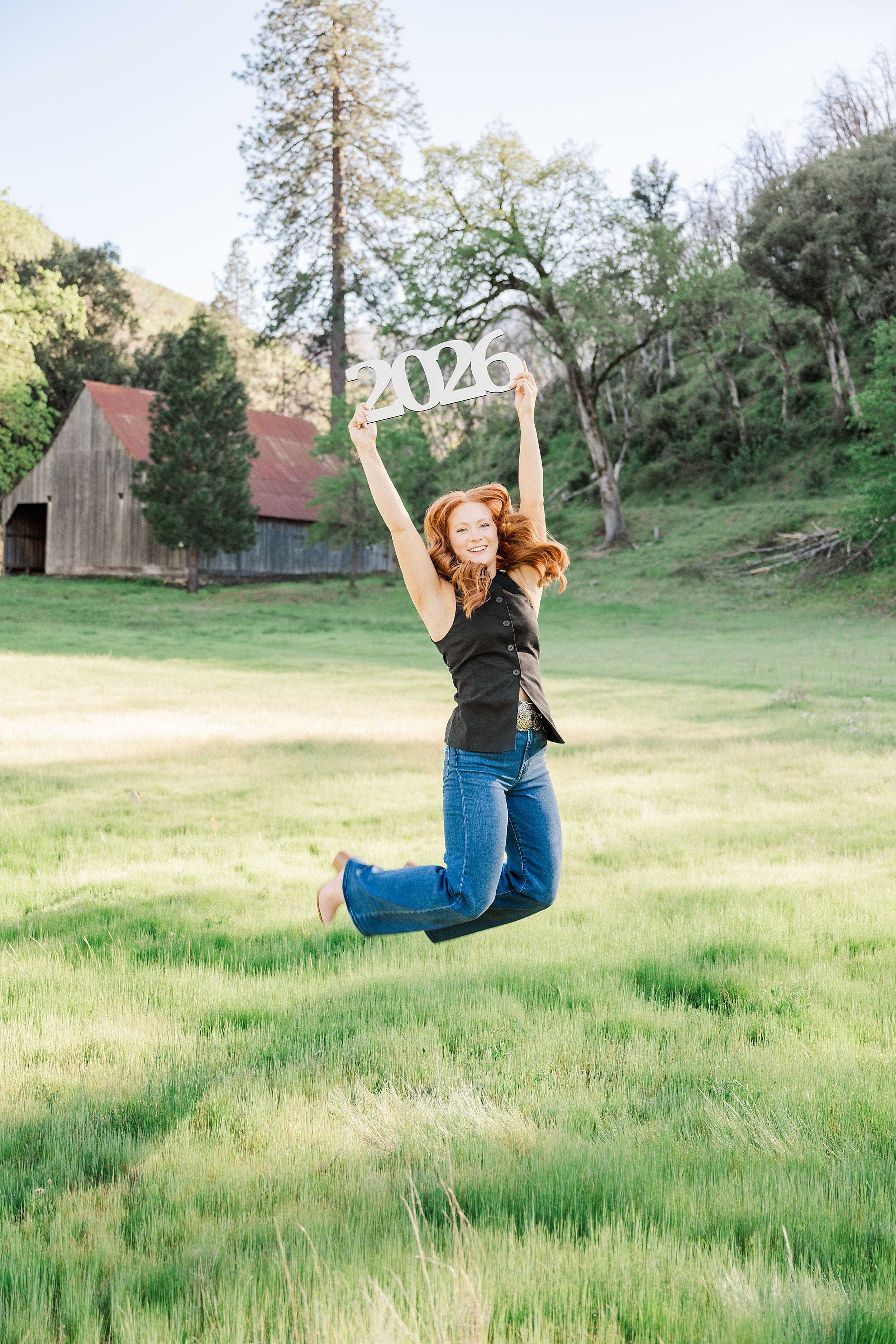 A joyful person jumps in a sunlit grassy field, holding a "2026" sign overhead. A rustic barn and lush trees provide a serene, natural backdrop.