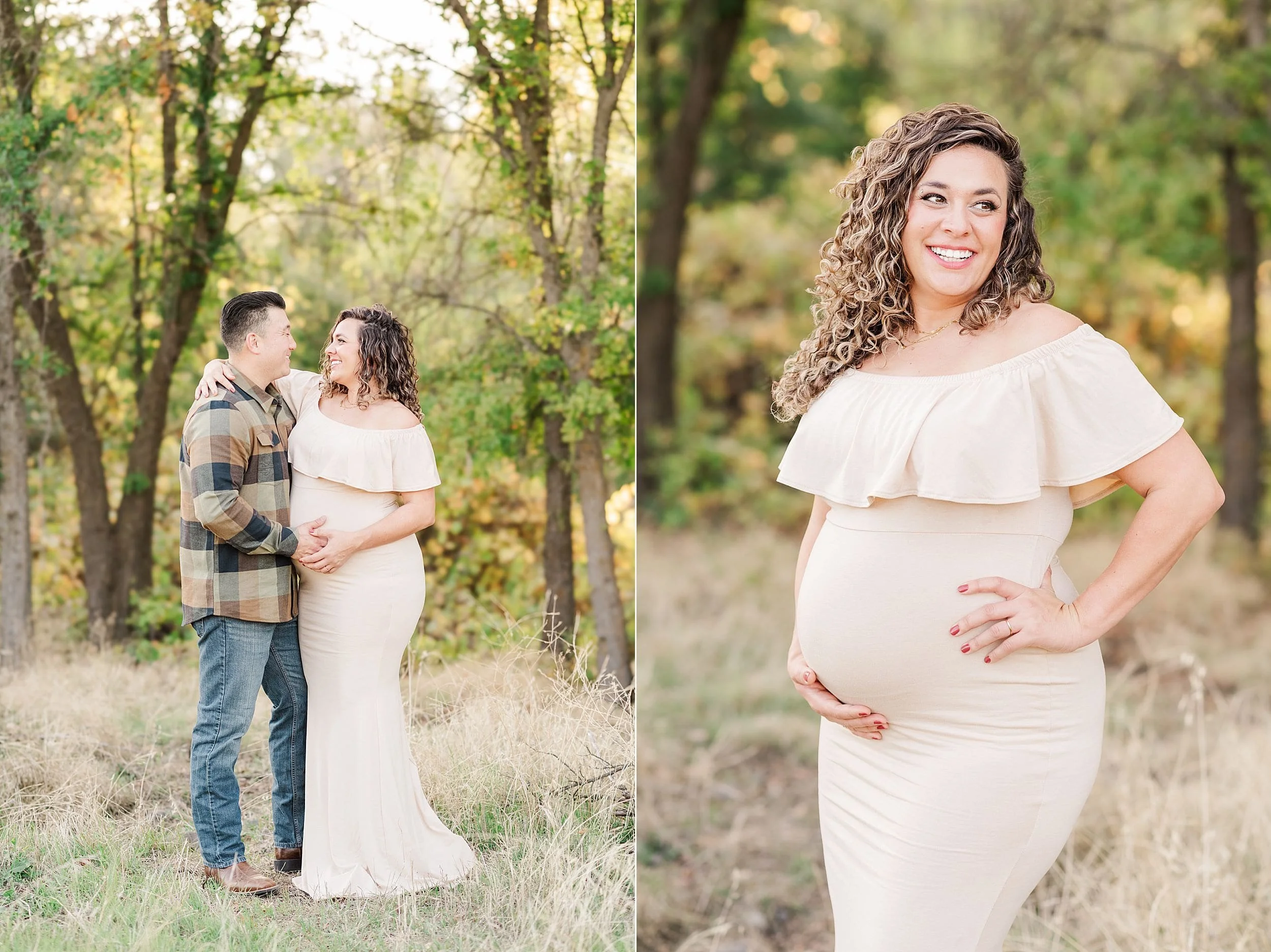 pregnant woman wearing cream colored off the shoulder dress