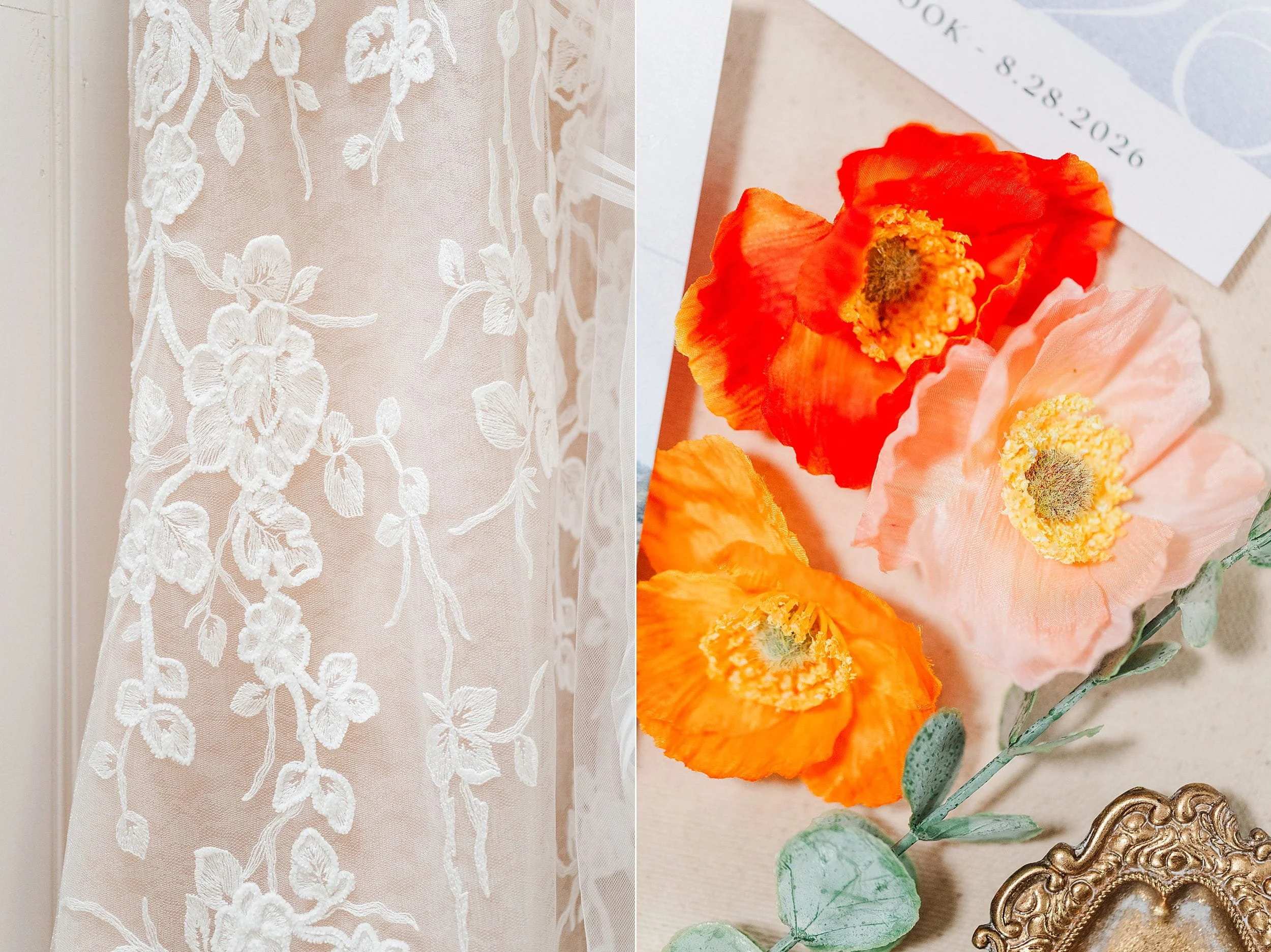 Delicate white floral lace beside vibrant red, peach, and orange poppies, greenery, a dated card, and ornate gold frame create a romantic scene.