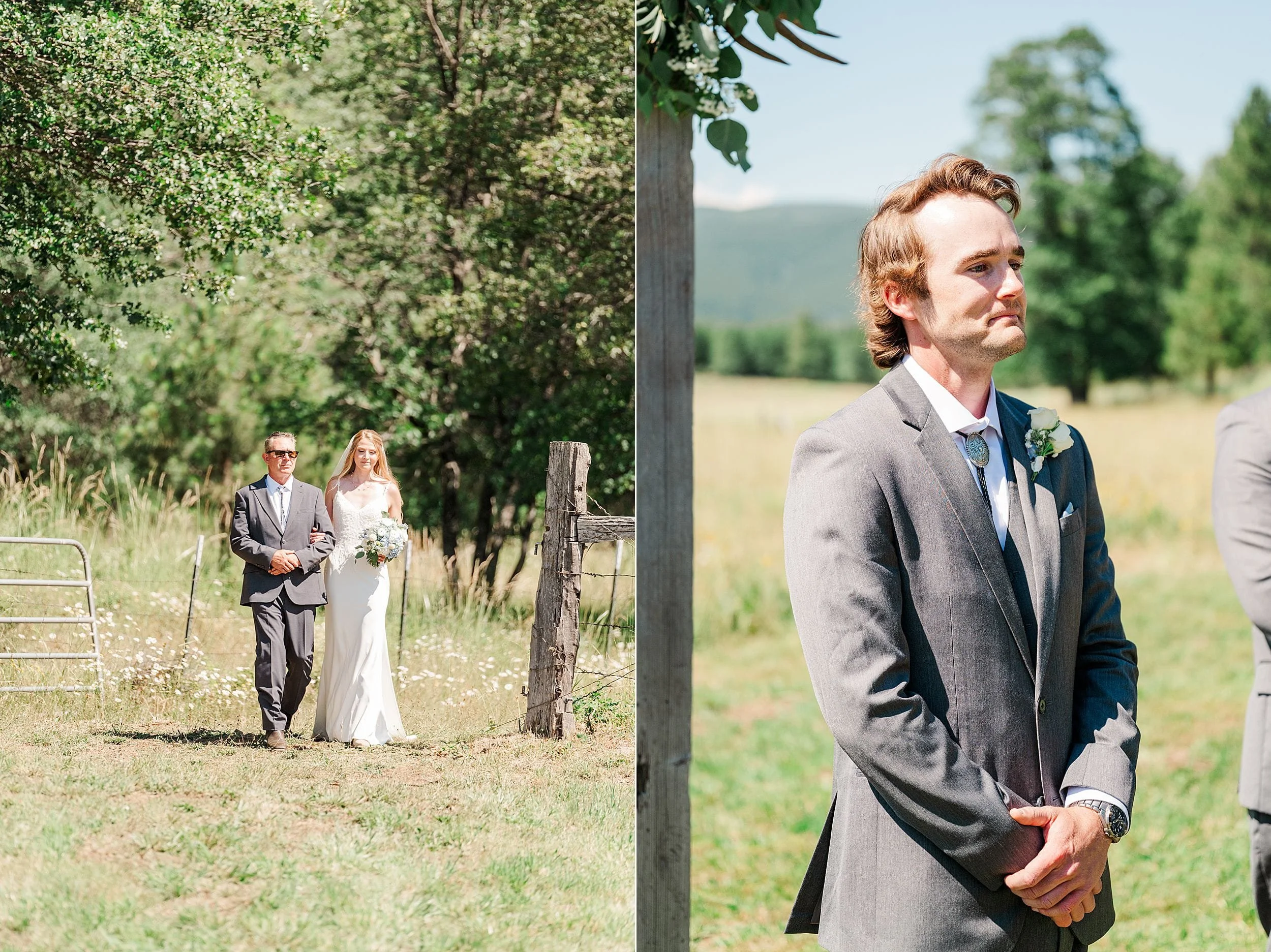 Bride walking down the aisle with her father at a private ranch wedding.