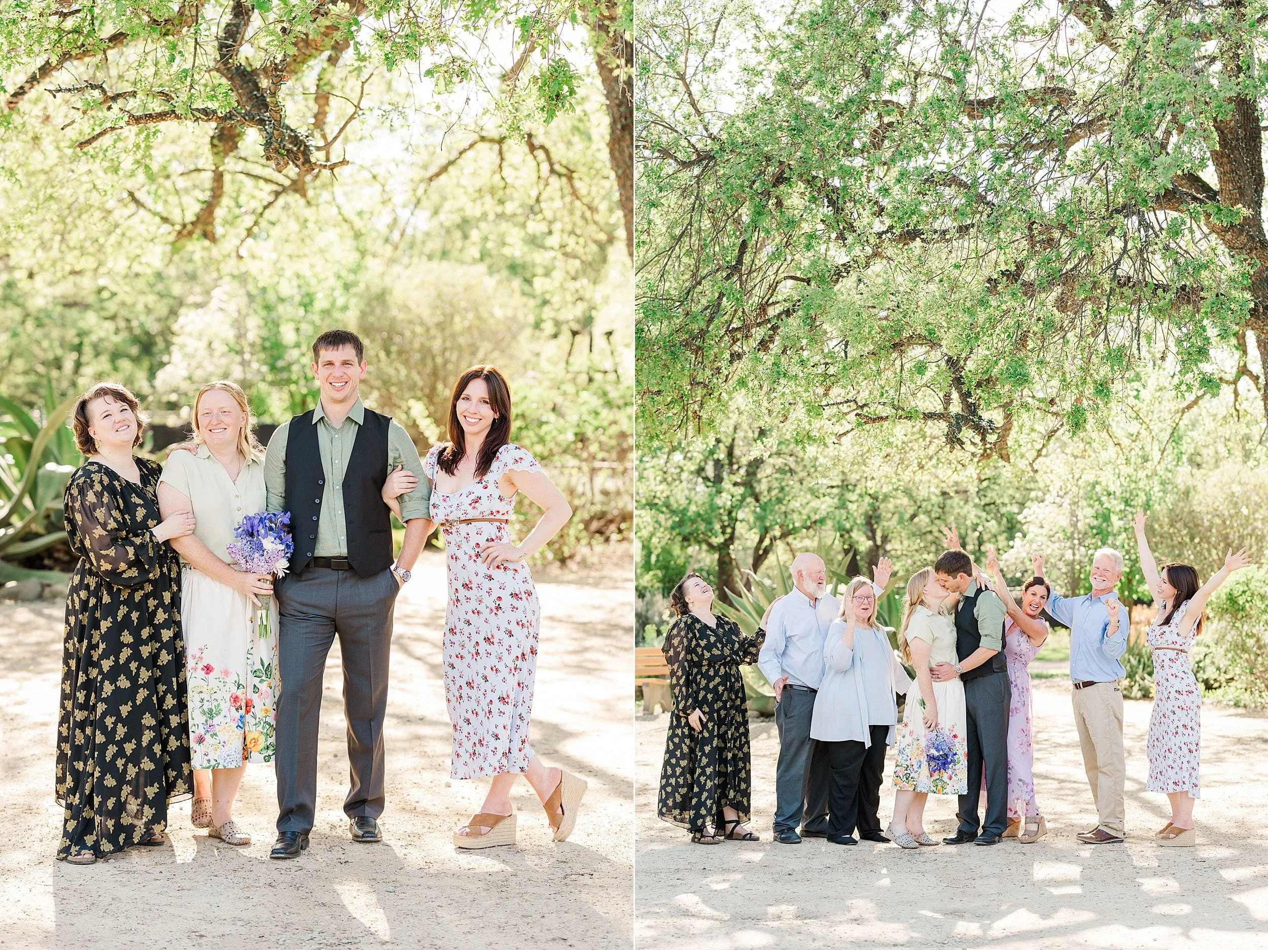 A joyful family gathers under sunlit trees. On the left, four adults pose, smiling warmly. On the right, the group of eight laughs and gestures upward.