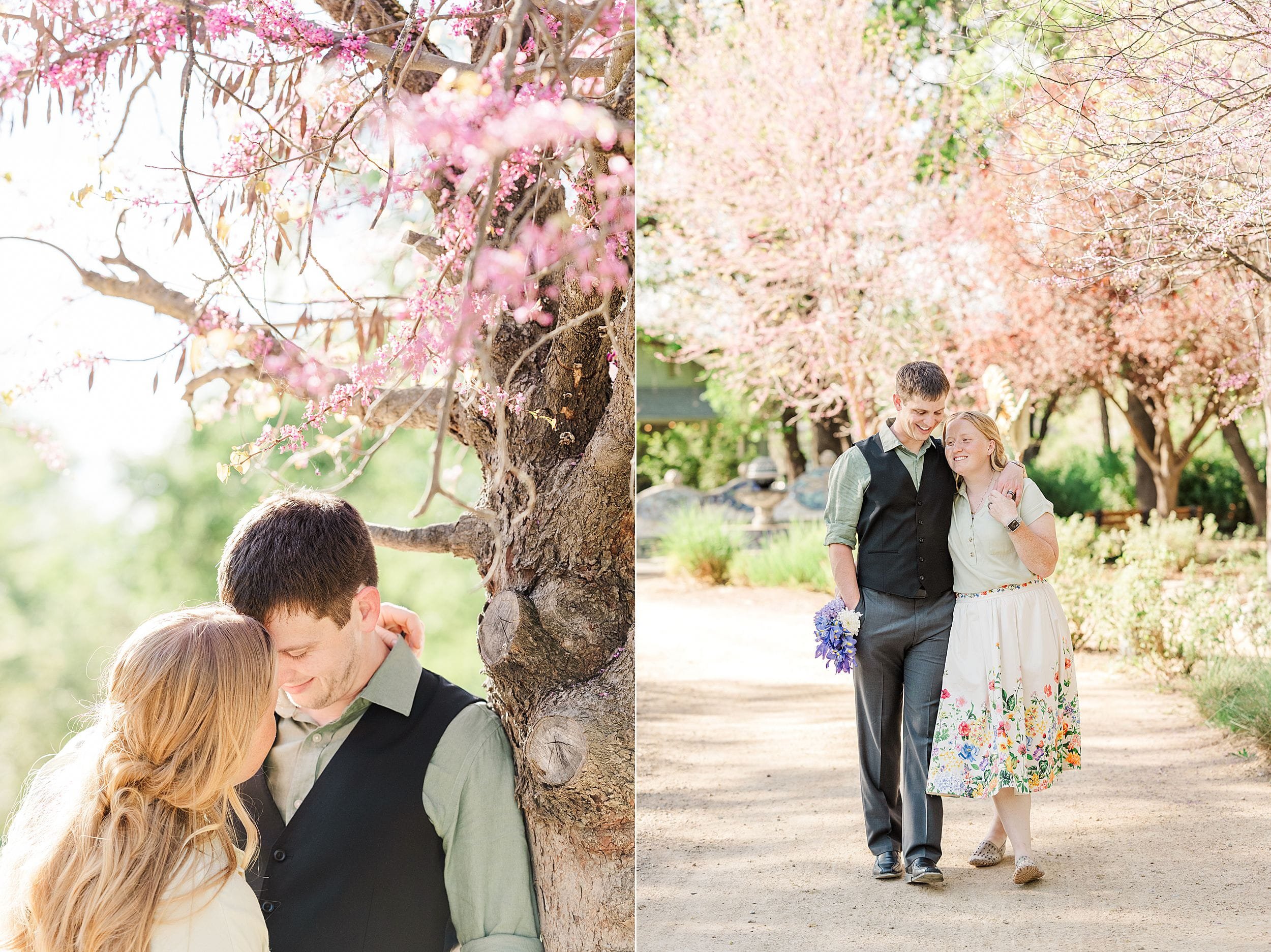 A couple enjoys a sunny, blossoming garden. Left: They embrace near a tree with pink flowers. Right: They walk affectionately, holding purple flowers.