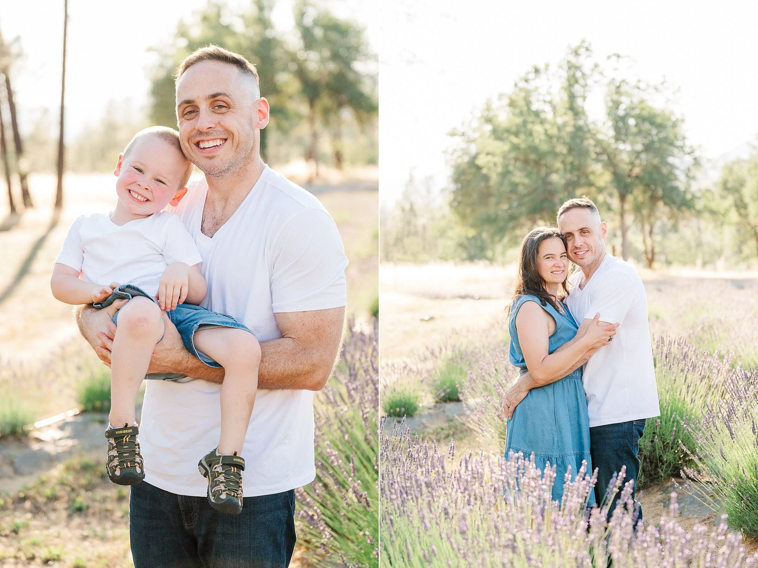 A smiling man holds a cheerful child in a sunlit field, both wearing white shirts. Nearby, he embraces a woman in a blue dress among lavender plants, conveying warmth and happiness.