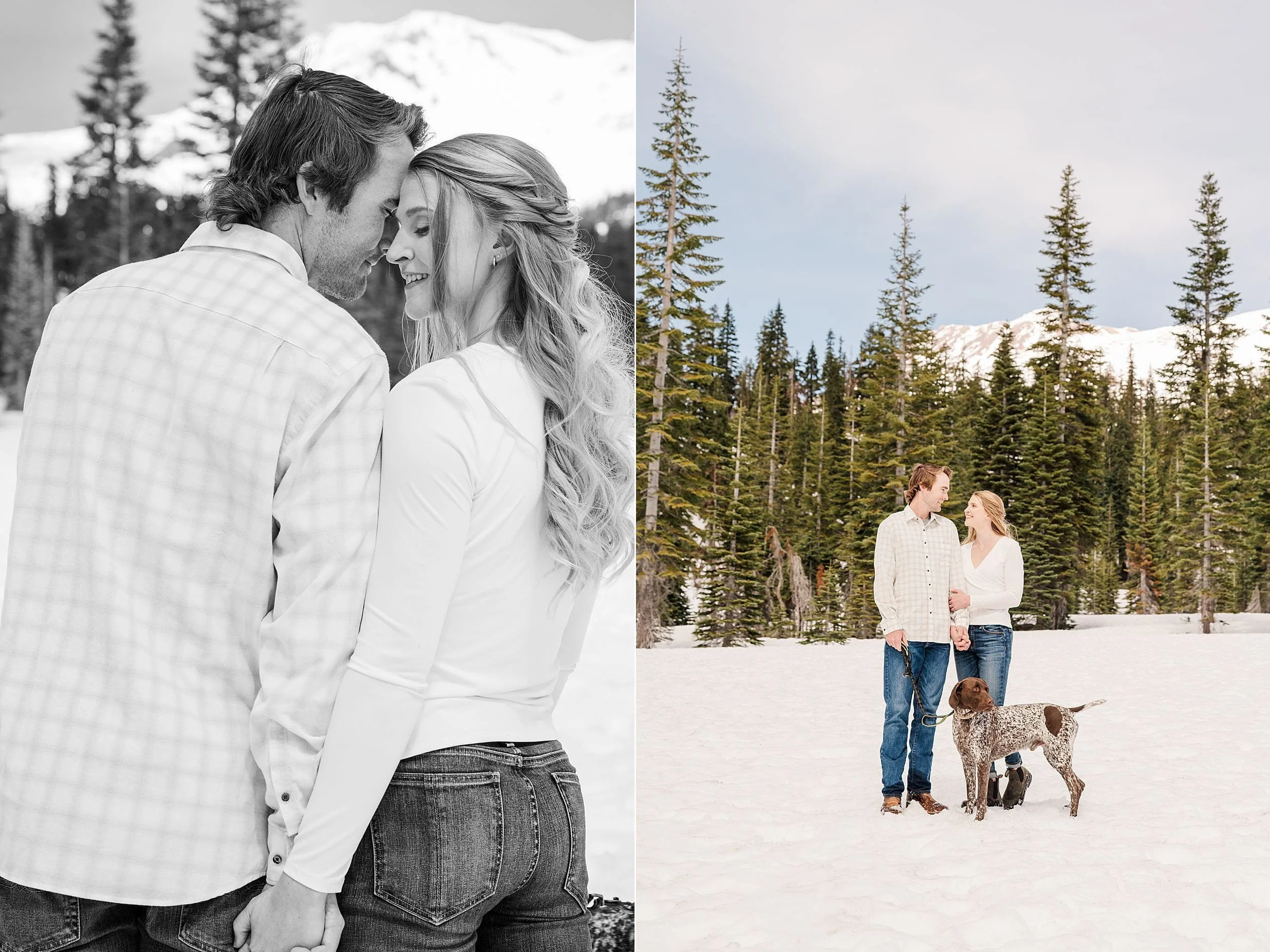 A couple enjoys a snowy landscape. Left: Black and white close-up, embracing. Right: Color, they stand with a dog among snow-covered trees, smiling.