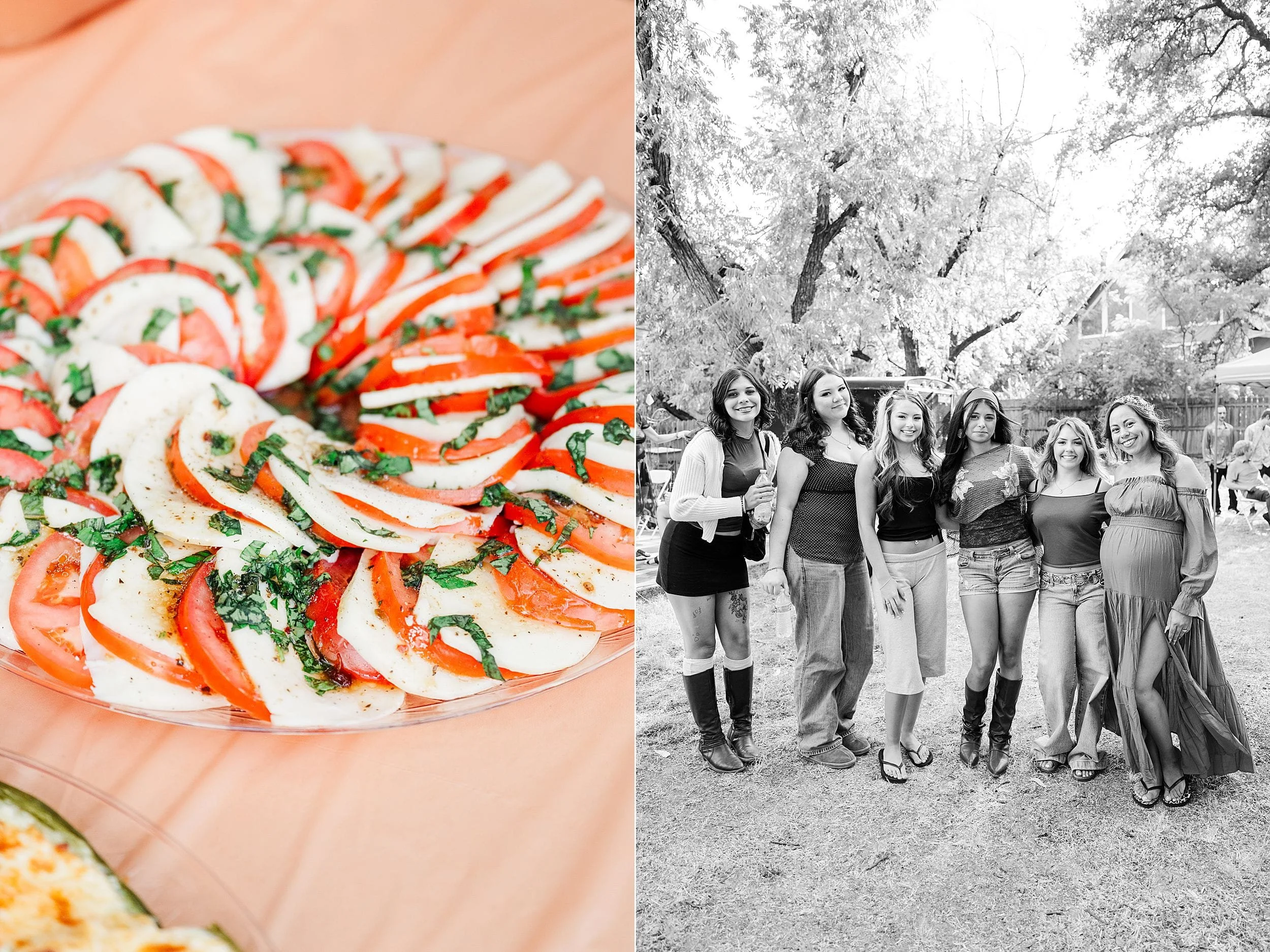 Split image: a colorful tomato, mozzarella, and herb platter on the left; seven smiling women pose outdoors in a joyful black-and-white photo.