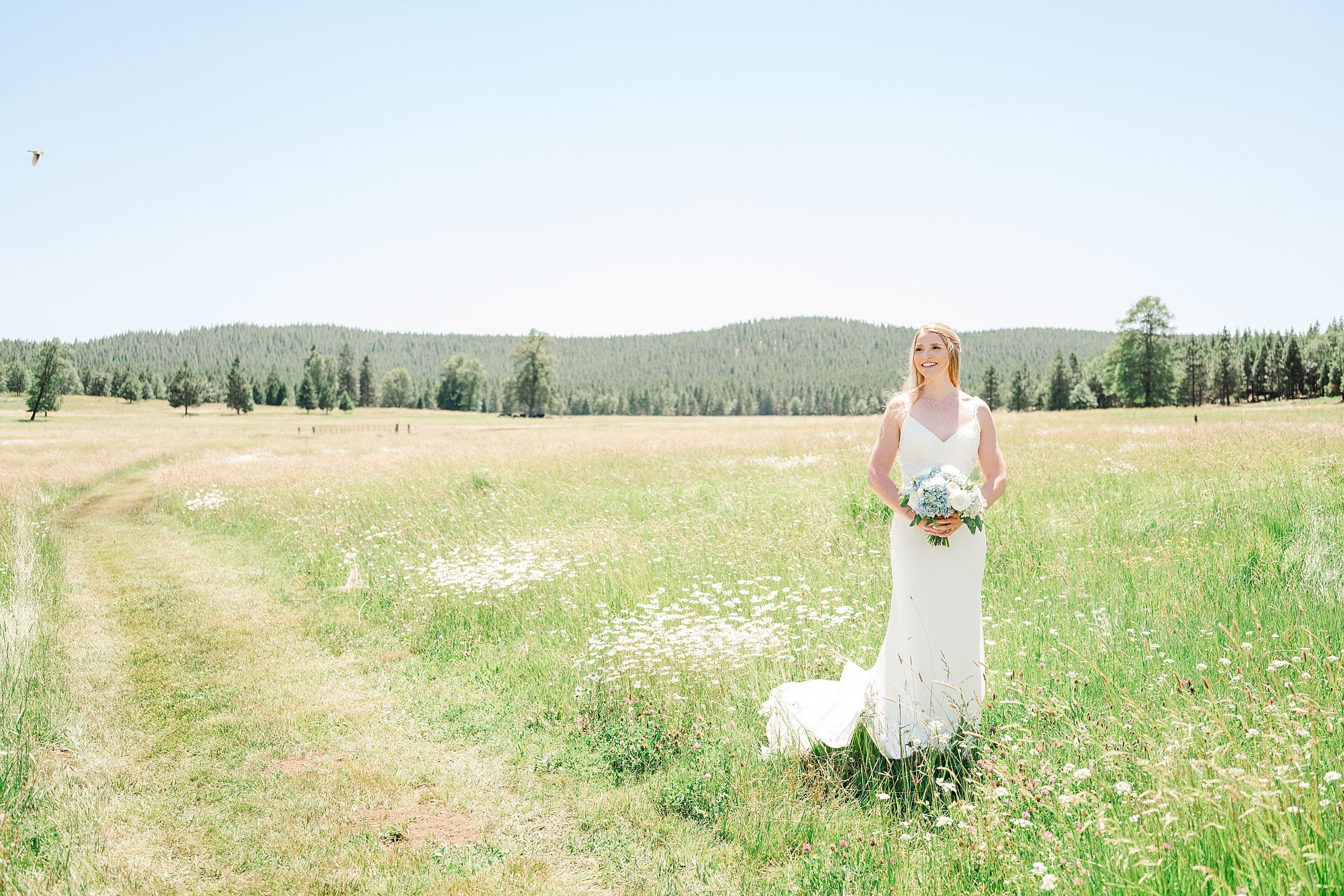 Bride in a wedding dress standing in a sunlit mountain meadow.