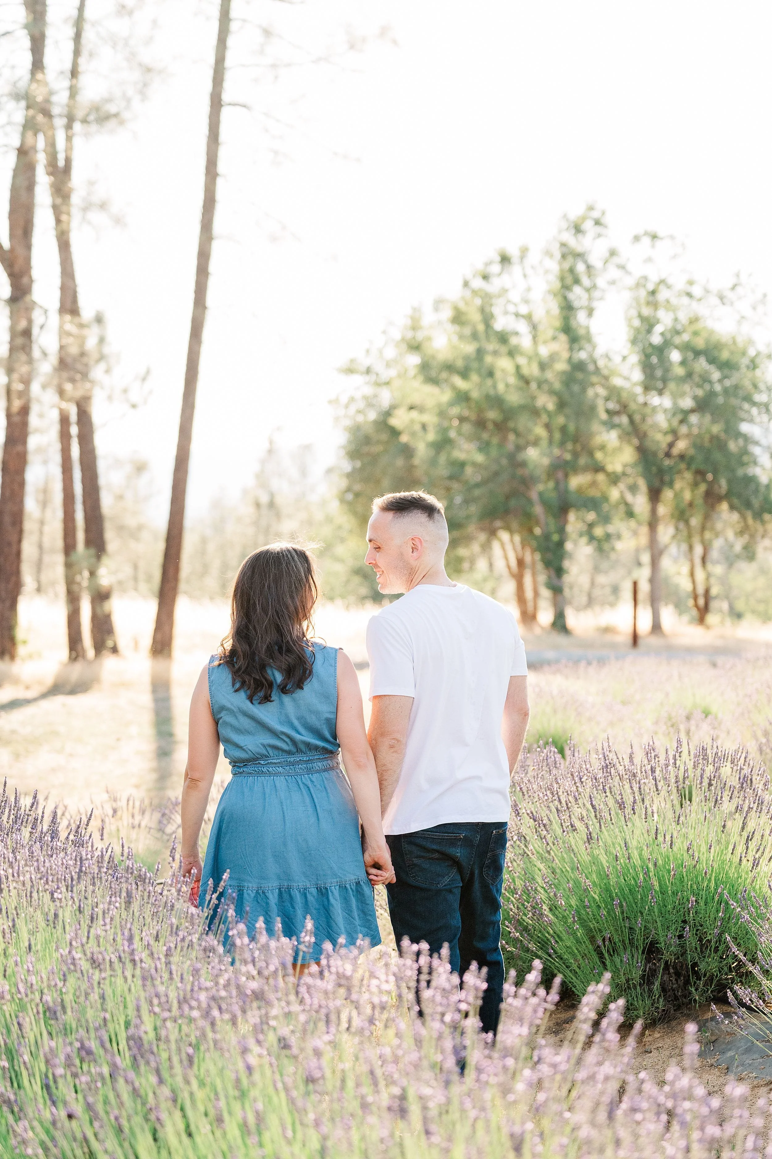 A couple walks hand in hand through a lavender field under soft sunlight. The setting is peaceful, with tall trees and a serene atmosphere.